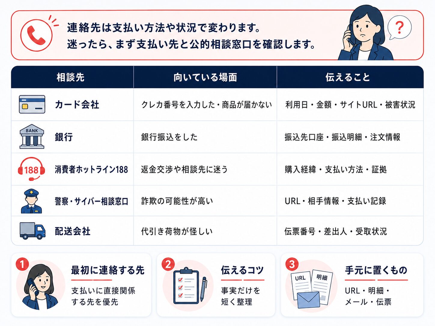 偽ショッピングサイト被害で連絡すべき相談先をまとめた表。