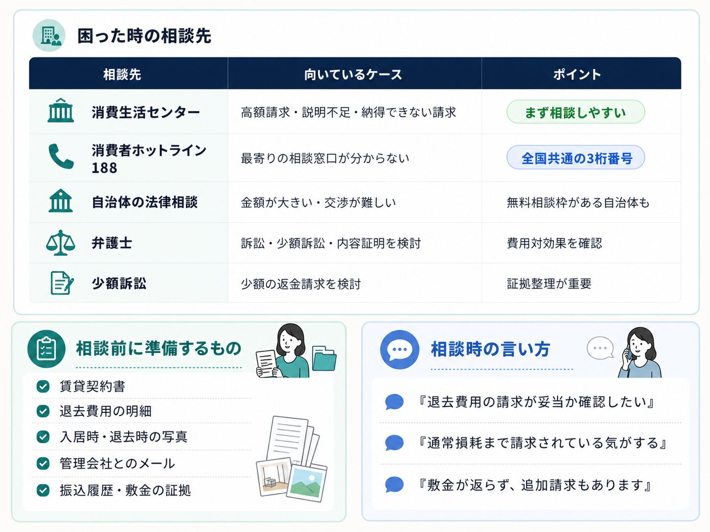 退去費用に納得できない時の相談先を整理した表