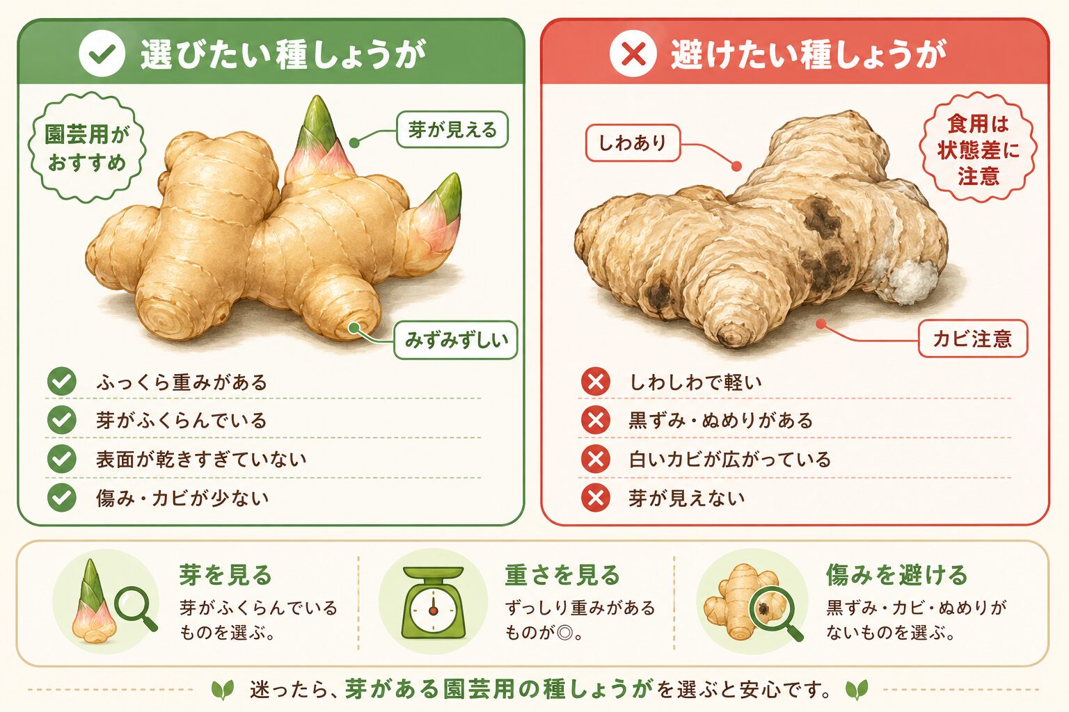 良い種しょうがと避けたい種しょうがの見分け方を比較した画像