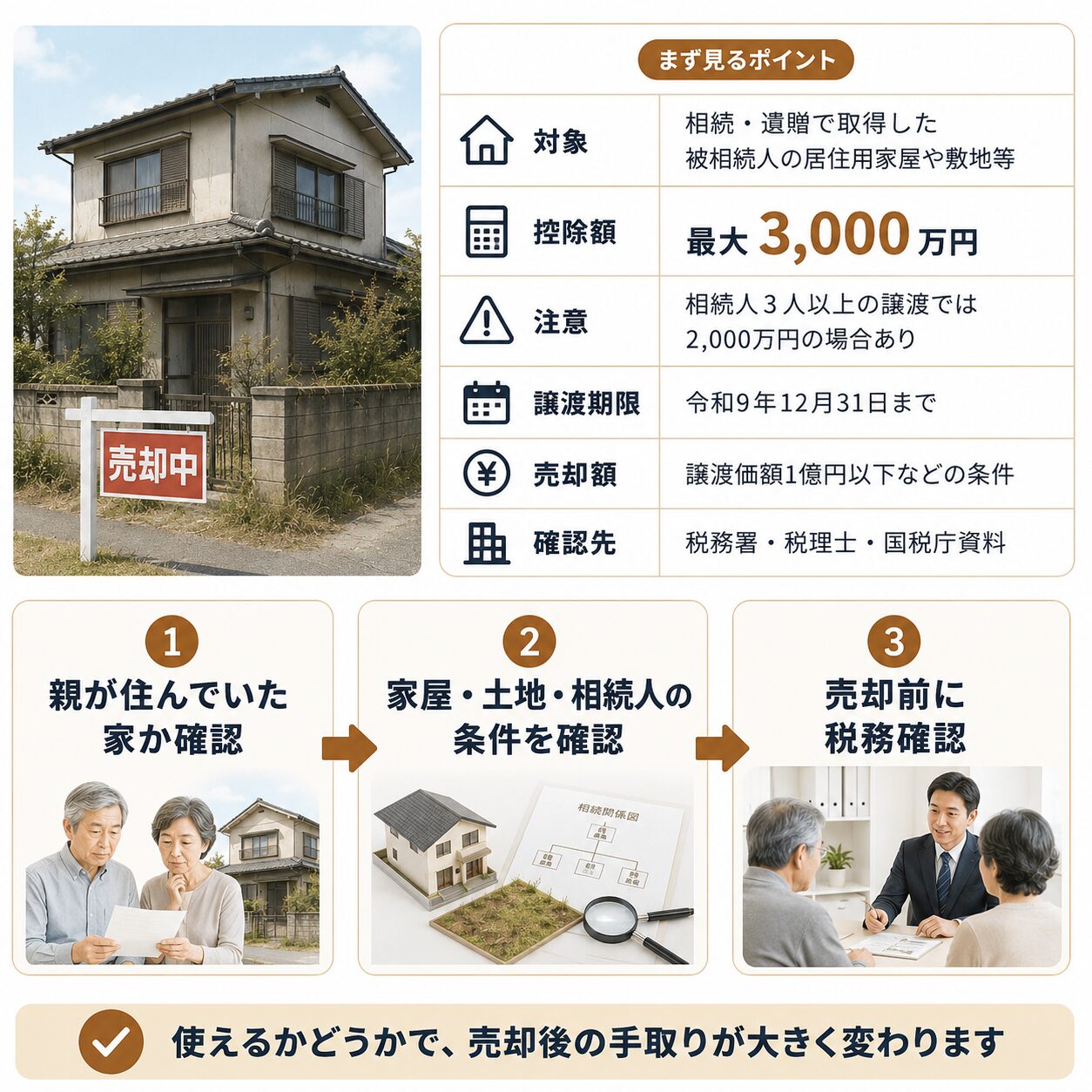 空き家3000万円控除の対象、控除額、期限、売却額、確認先をまとめた図解