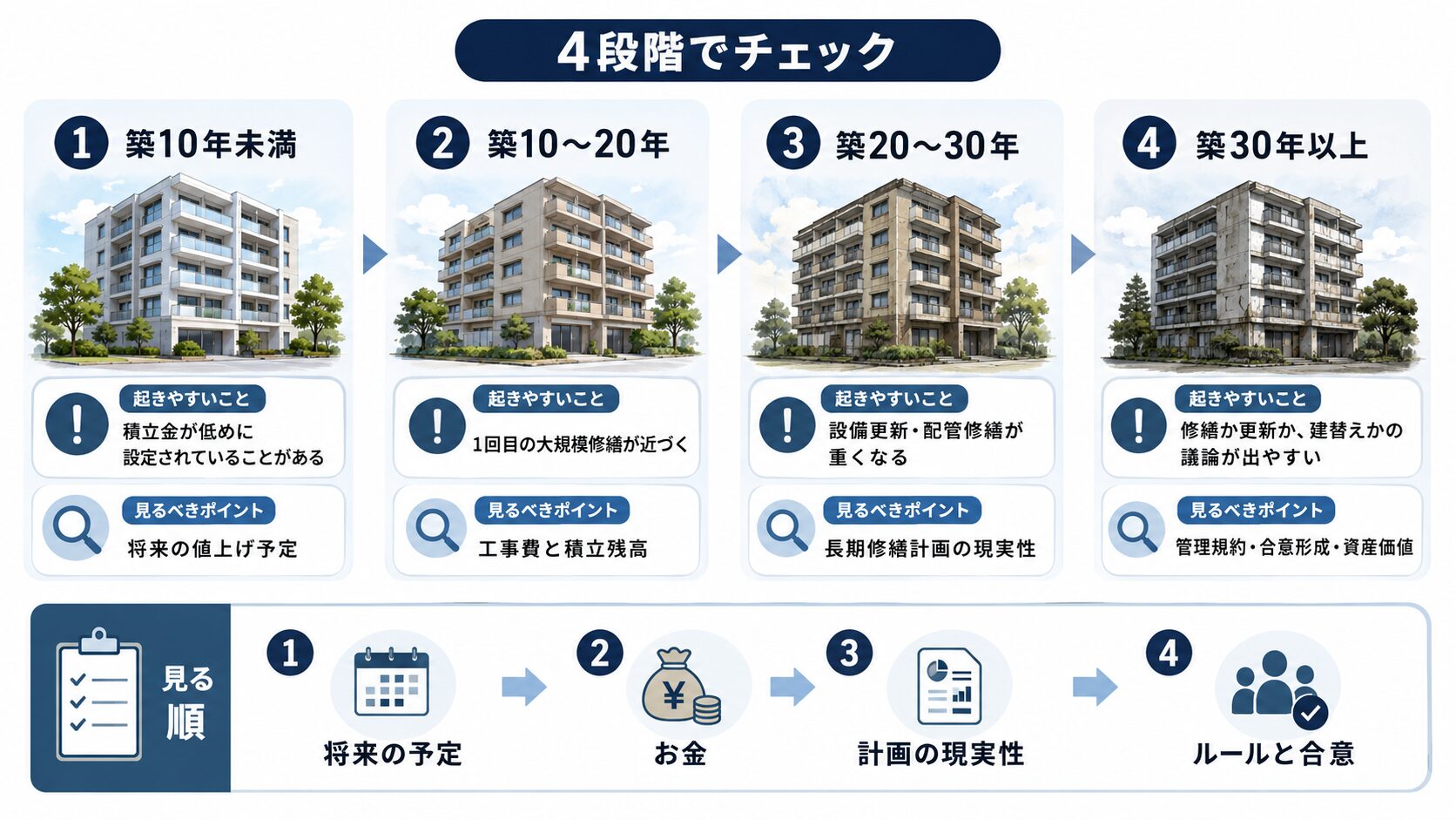 築10年未満、築10年から20年、築20年から30年、築30年以上で見るべき修繕チェックポイントを示す図解