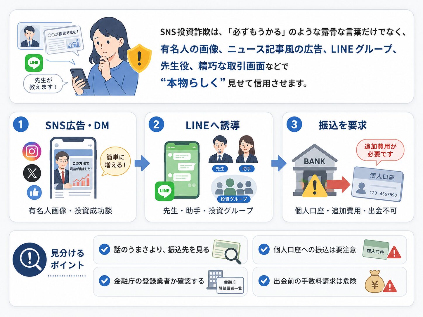 SNS投資詐欺は有名人画像やLINEグループ、精巧な取引画面で本物らしく見せて信用させる流れの解説図