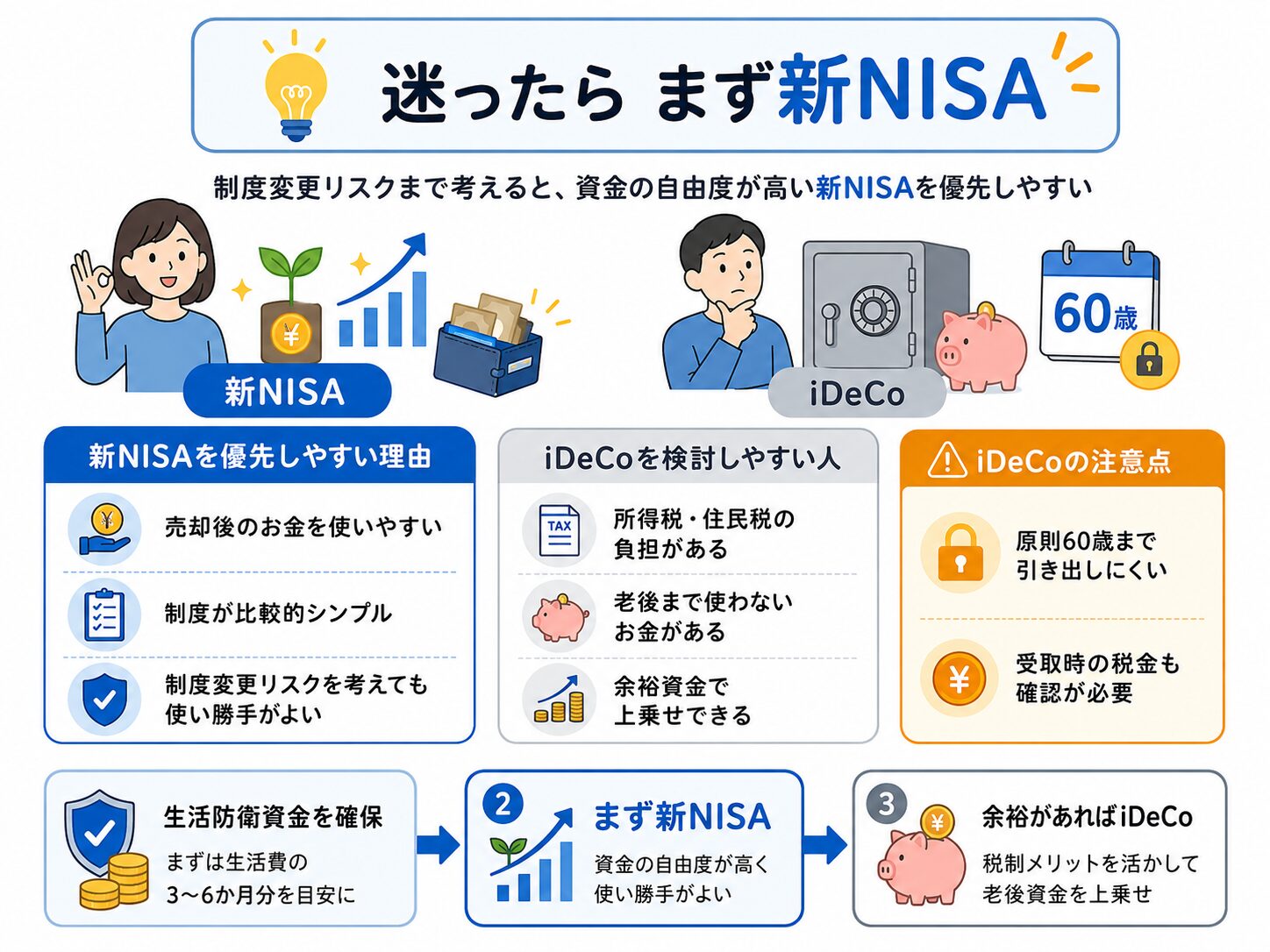制度変更リスクまで考えた新NISAとiDeCoの優先順位。迷う人は新NISAを優先し、余裕資金でiDeCoを検討する流れを示した図解