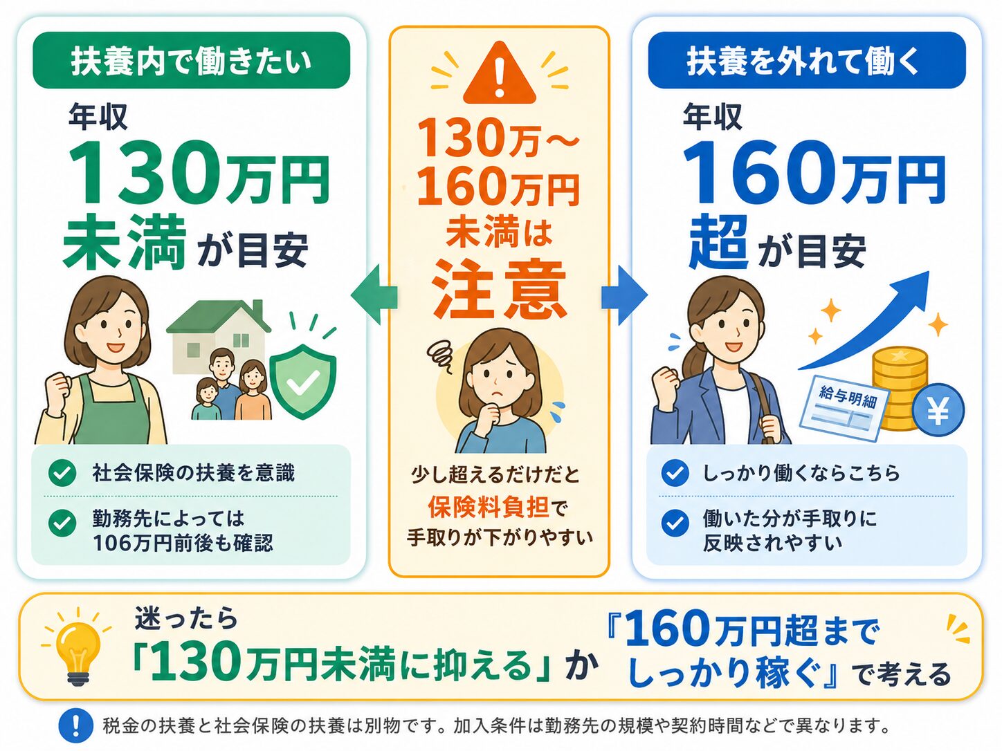 扶養内なら130万円未満、扶養を外れて働くなら160万円超が目安の図解