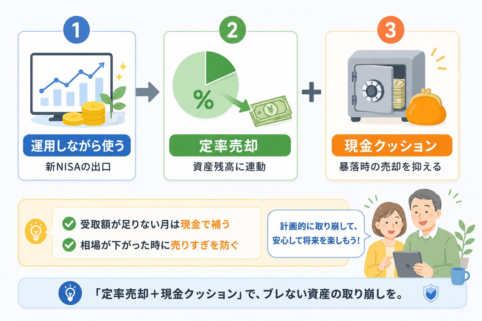 新NISAの出口戦略で定率売却と現金クッションを組み合わせる考え方を示した図解