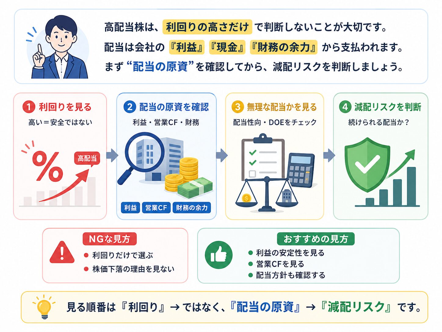 高配当株は利回りだけで判断せず、利益・営業キャッシュフロー・財務余力から減配リスクを確認する流れを示した図解