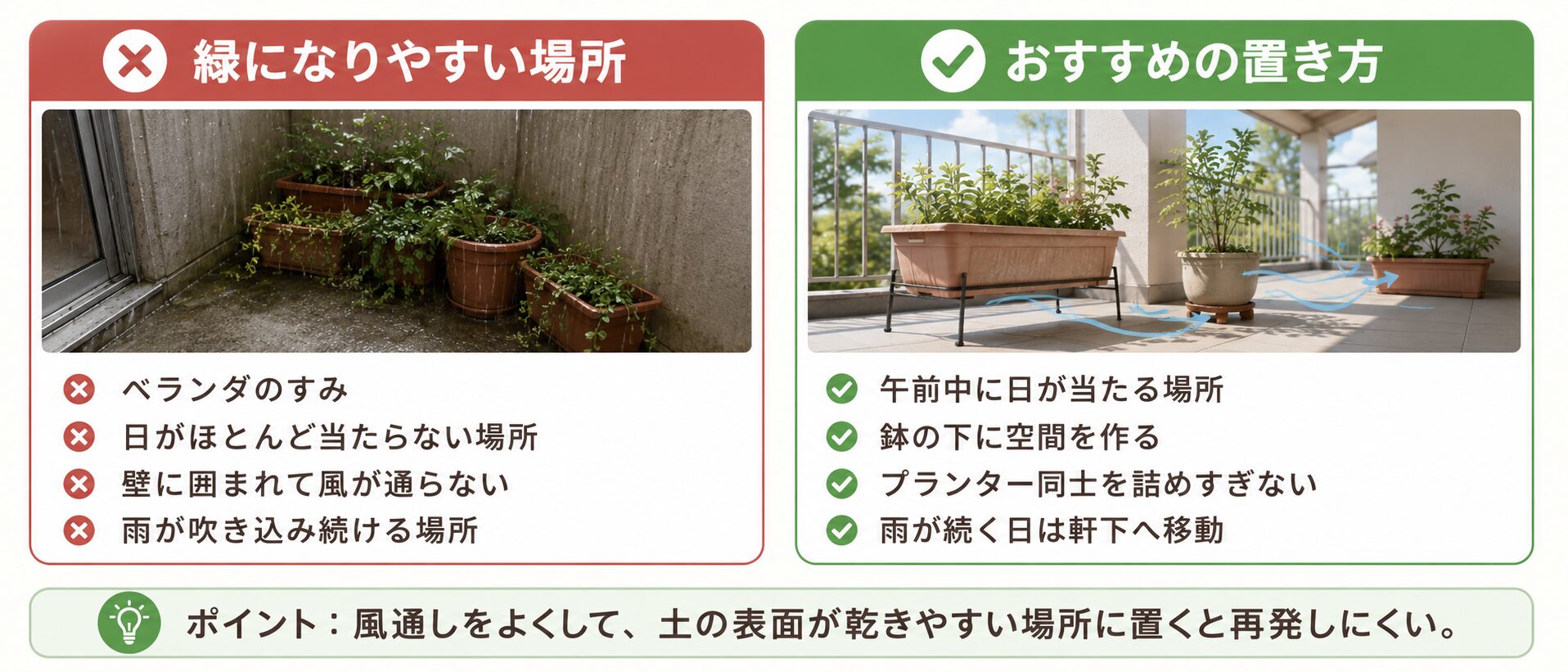 土が緑になりやすい場所とおすすめの置き方。ベランダのすみや日陰を避け、風通しと日当たりを確保する