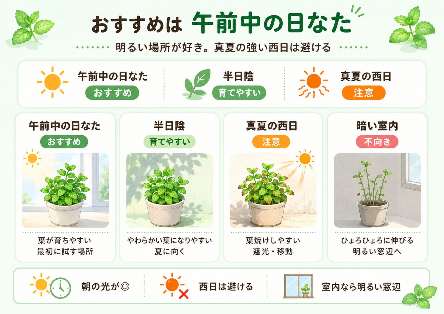 ミントに向く置き場所を日なた・半日陰・西日・室内で比較した図解