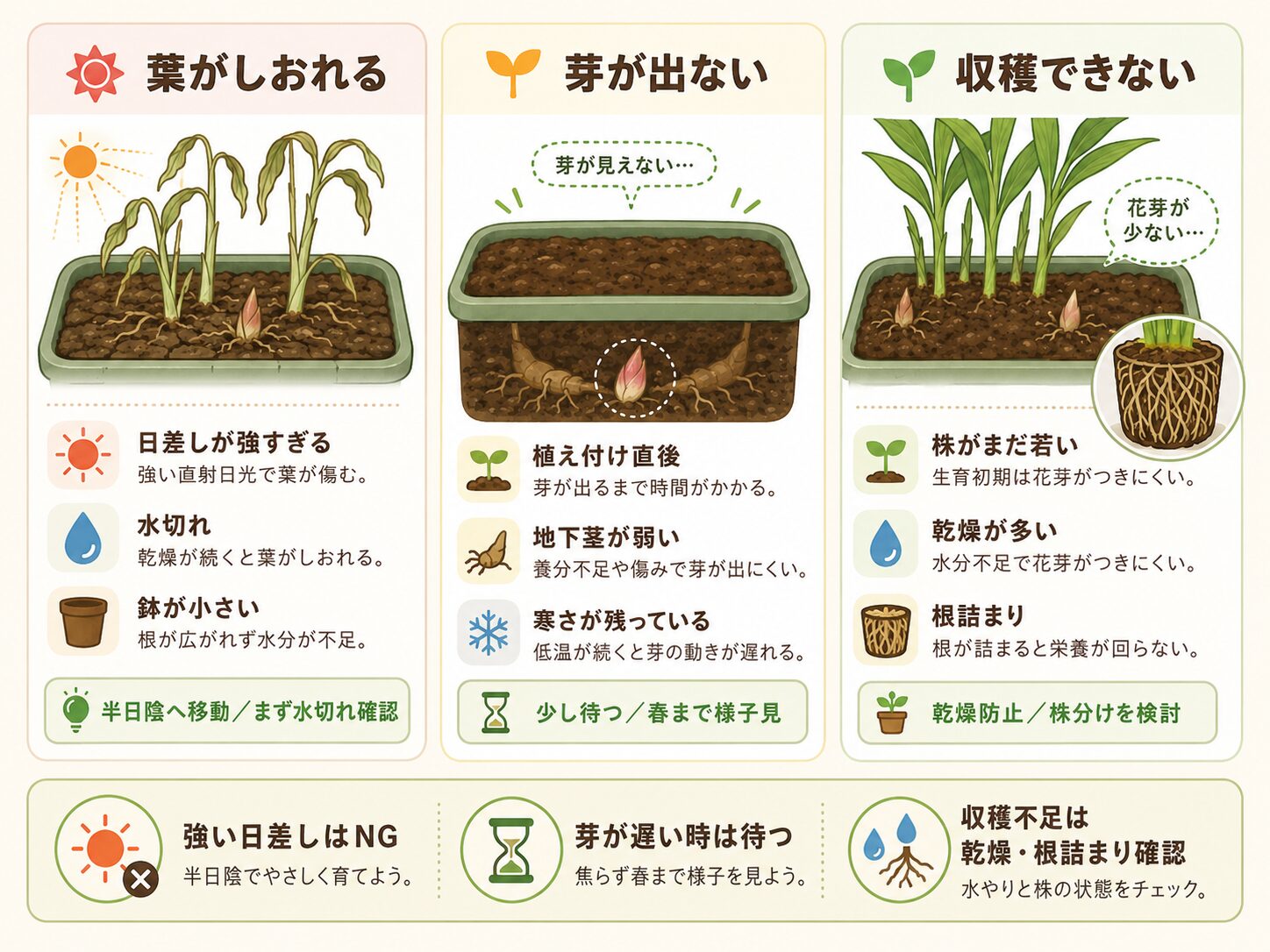 ミョウガが育たない原因を症状別に整理した図解
