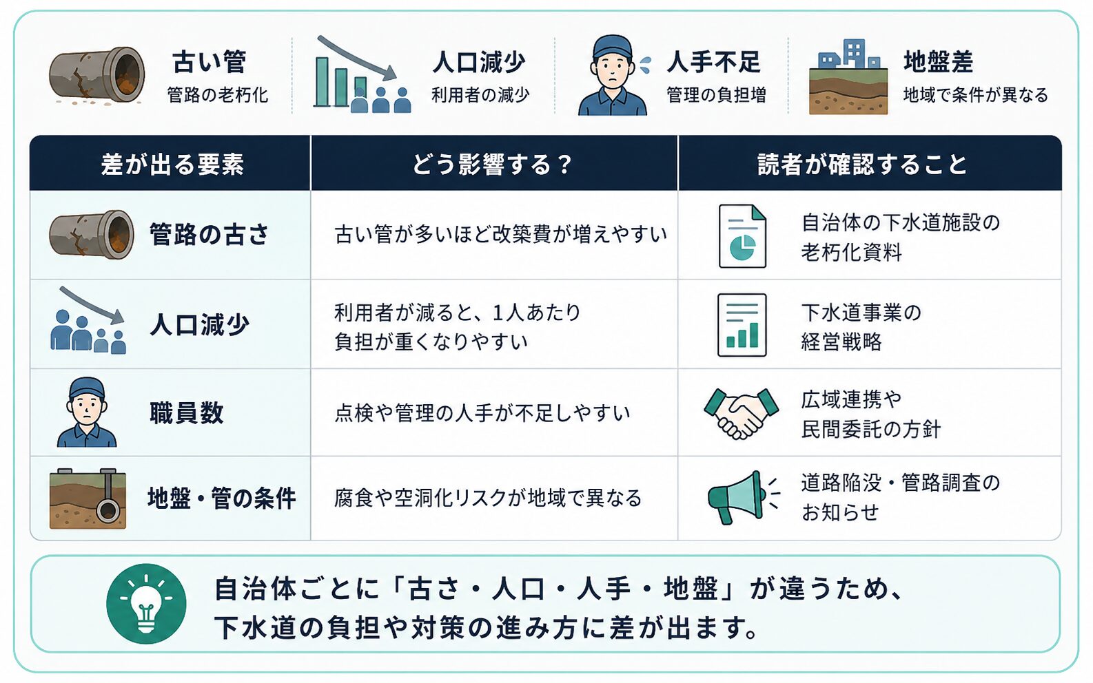 自治体によって下水道負担が変わる理由を管路の古さ、人口減少、職員数、地盤条件で整理した表