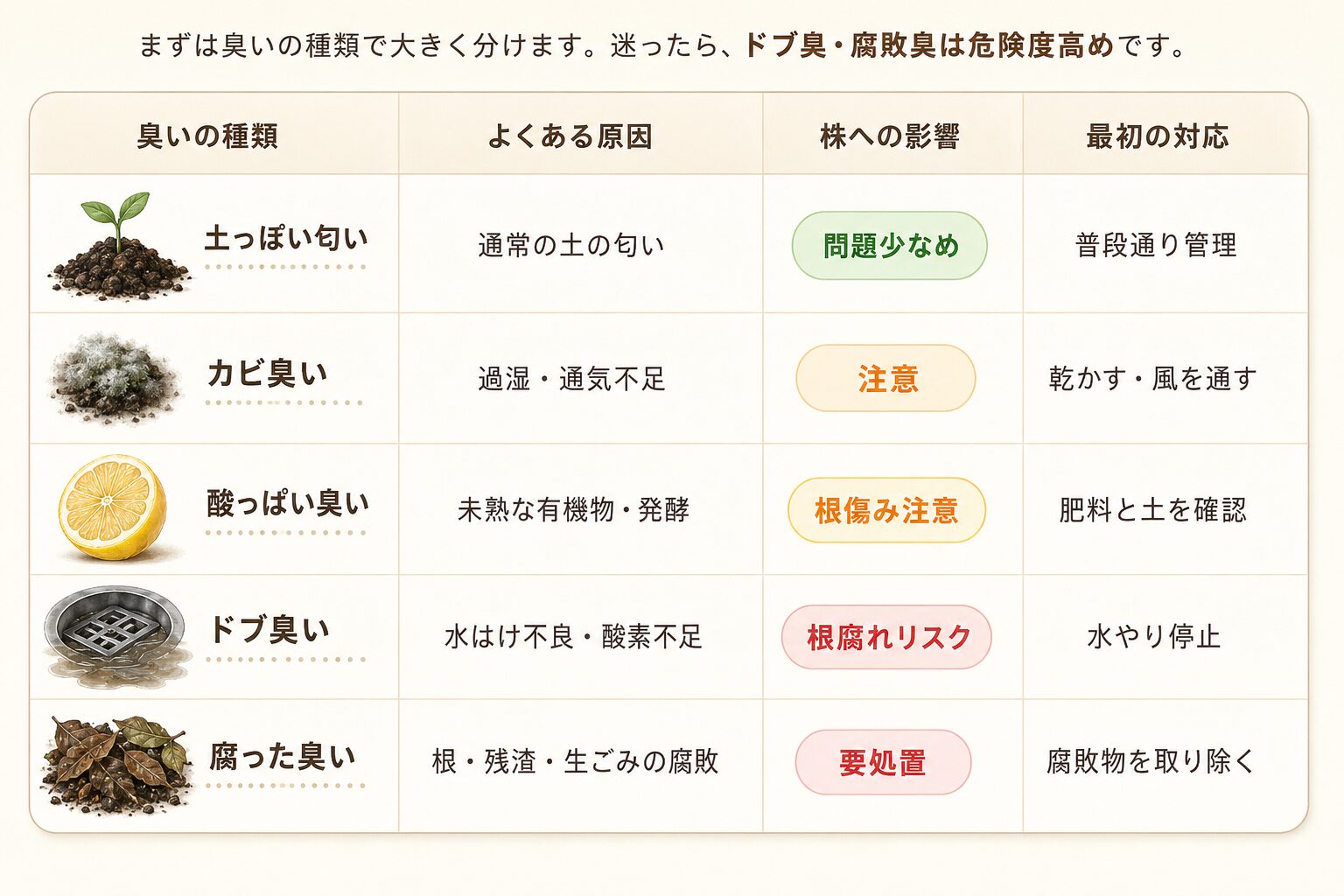 土っぽい匂い、カビ臭い、酸っぱい臭い、ドブ臭い、腐った臭いの原因と対応表