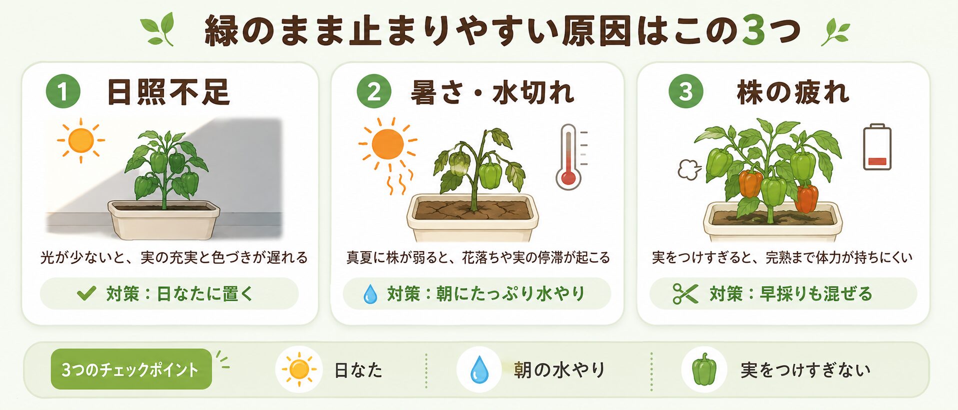 パプリカが緑のまま色づかない主な原因と対策をまとめた図解