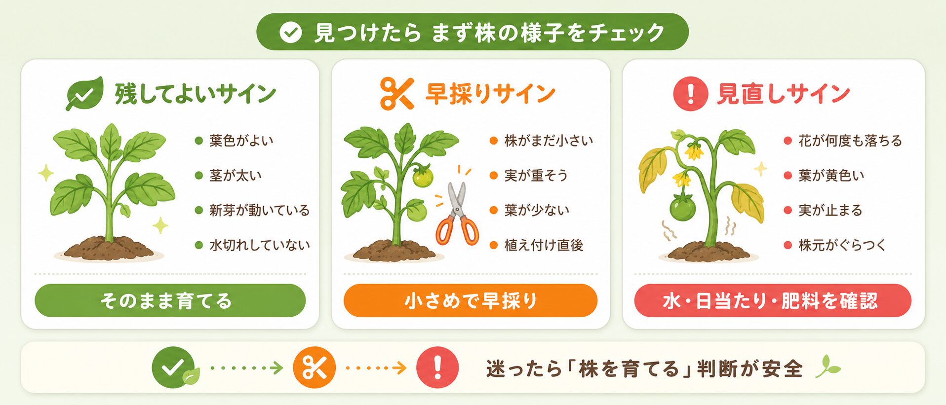 花や実を見つけた時に見る残してよいサイン・早採りサイン・見直しサインの図解