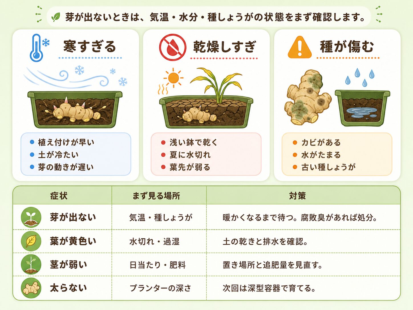 しょうがの芽が出ない原因と対策をまとめた画像