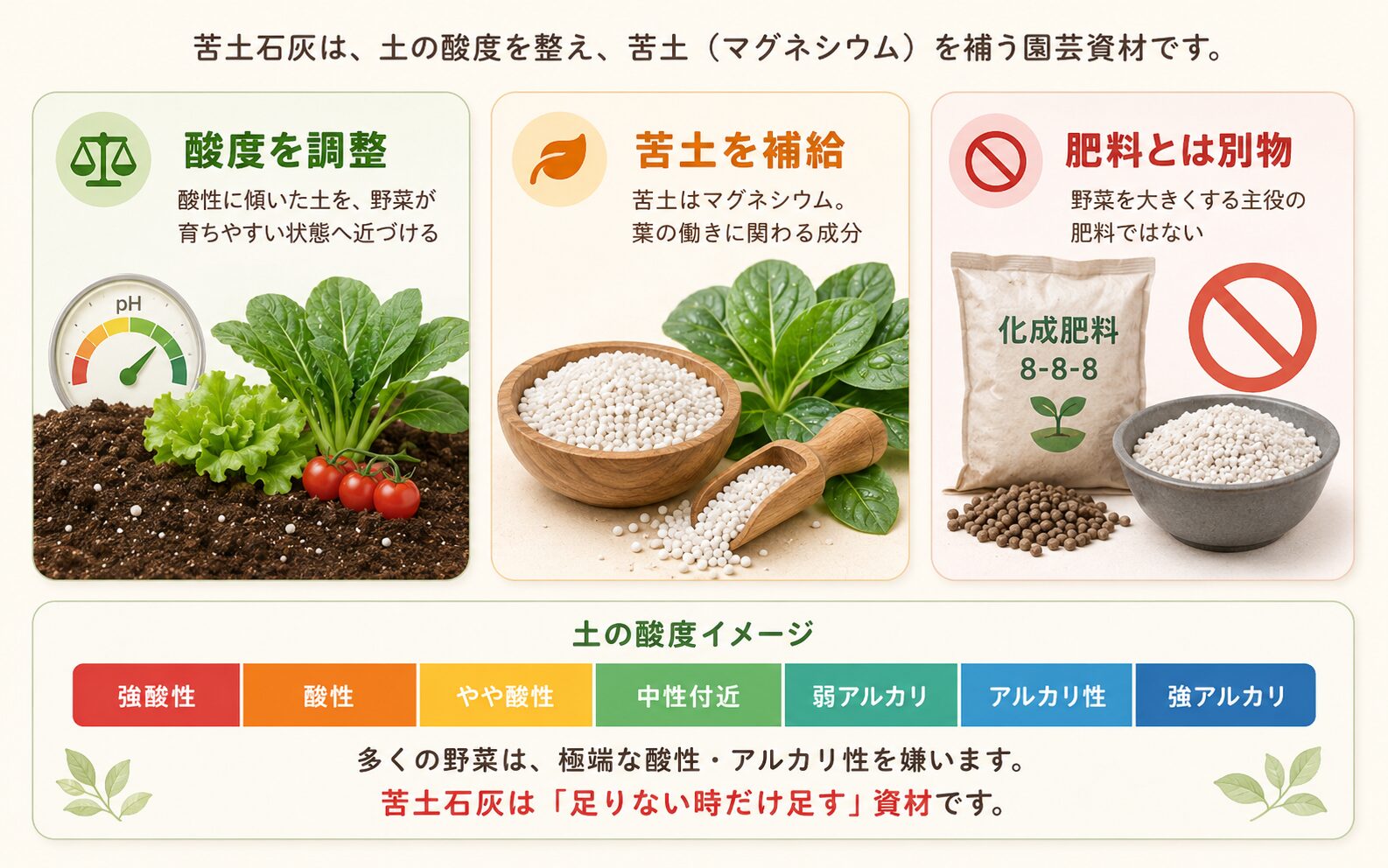 苦土石灰の役割を酸度調整とマグネシウム補給で説明した図解