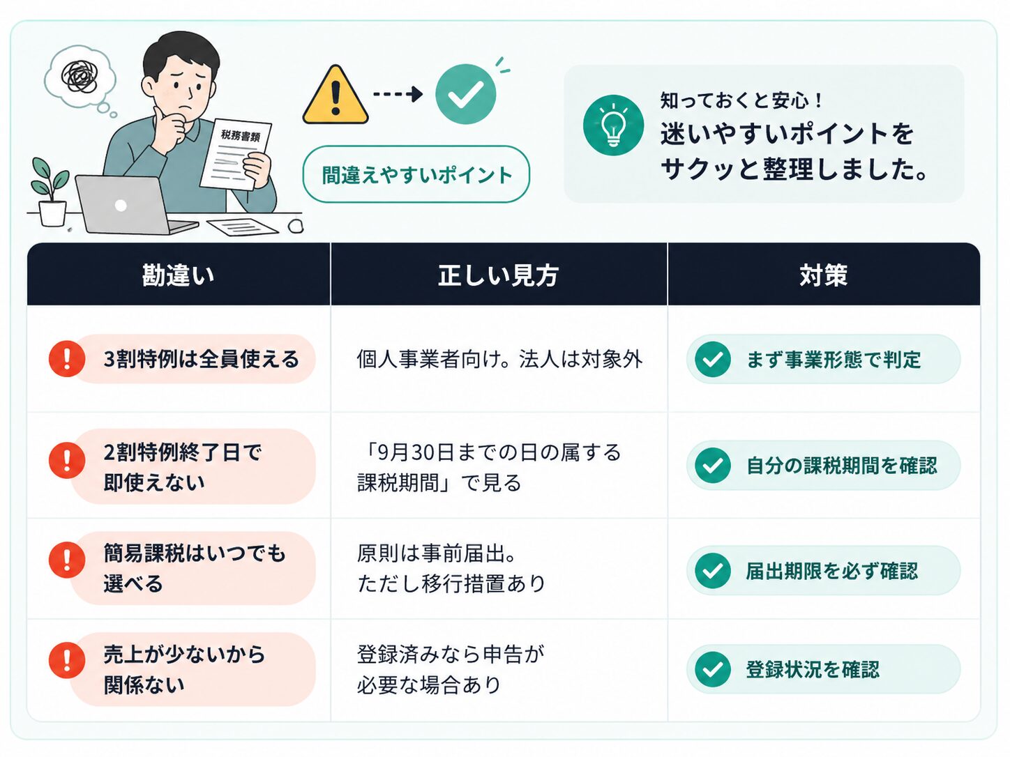 インボイス2割特例終了後に間違えやすいポイントと正しい見方・対策を整理した表