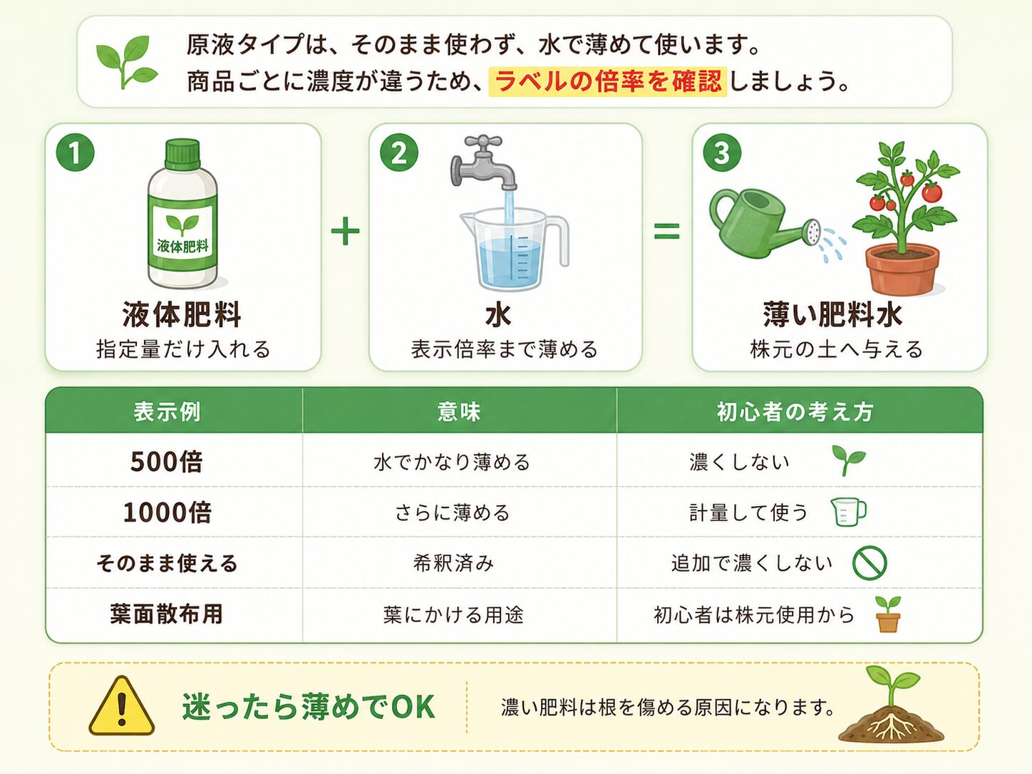 液体肥料の薄め方を説明した図解。液体肥料、水、薄い肥料水の流れと、500倍・1000倍などの表示例を示している。