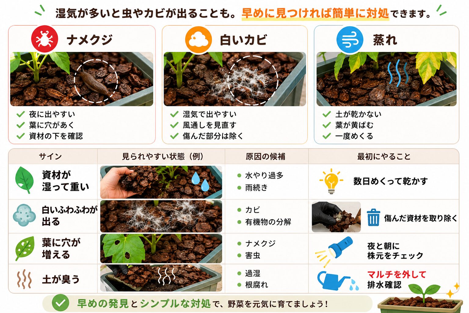 マルチングで虫やカビが出たときの症状別チェック