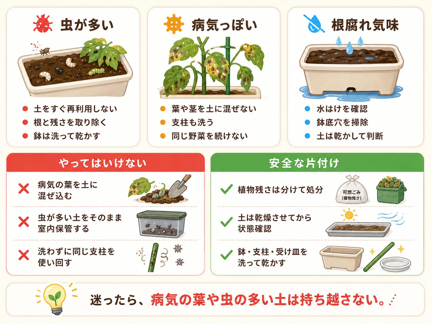 虫や病気や根腐れがあったプランターの安全な片付け方を示した図解