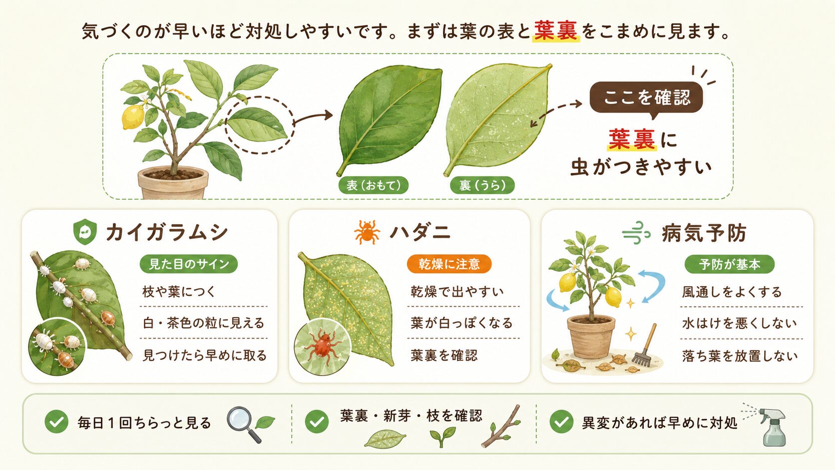 レモンの葉裏チェックとカイガラムシ、ハダニ、病気予防のポイント