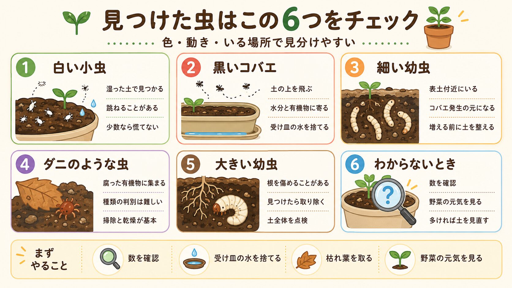 プランターの土でよく見る虫の種類と対策を6パターンで示した図解