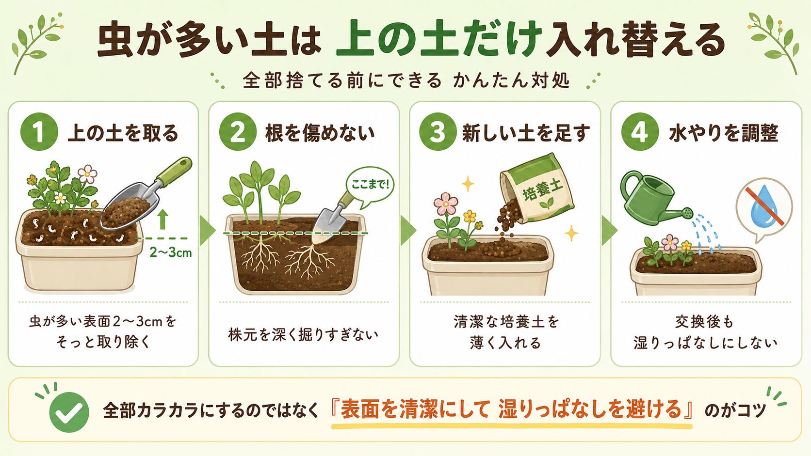 虫が多いときにプランターの上の土だけを入れ替える手順