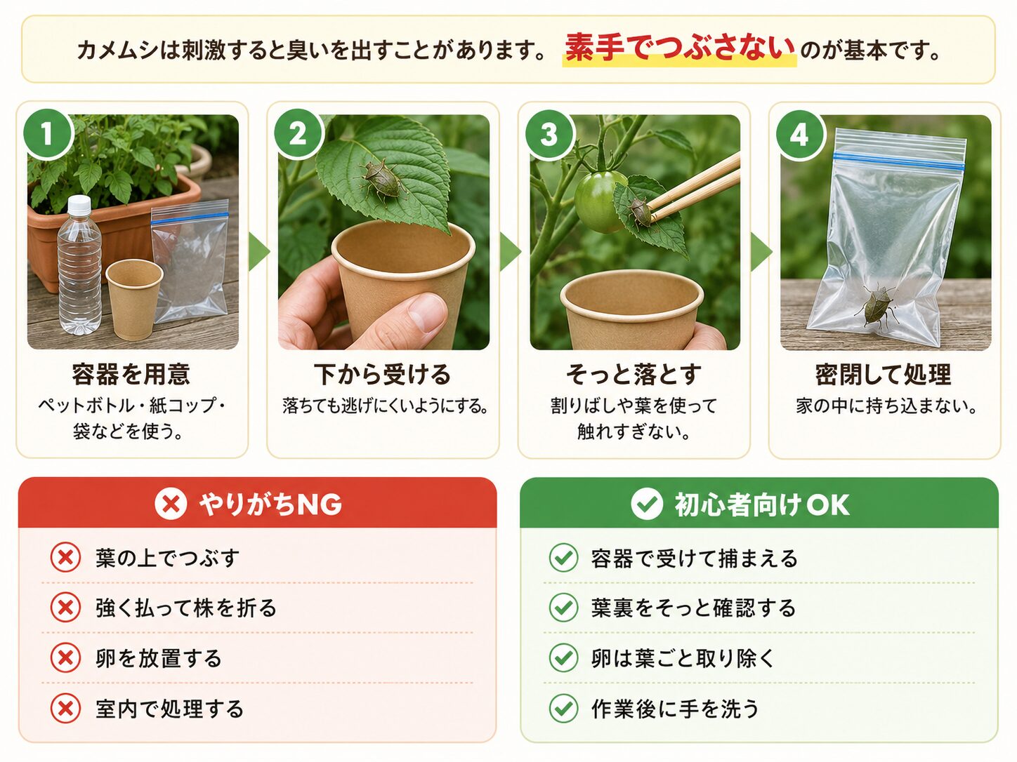 カメムシを見つけた時の駆除手順。容器を用意し、下から受けて、そっと落とし、密閉して処理する