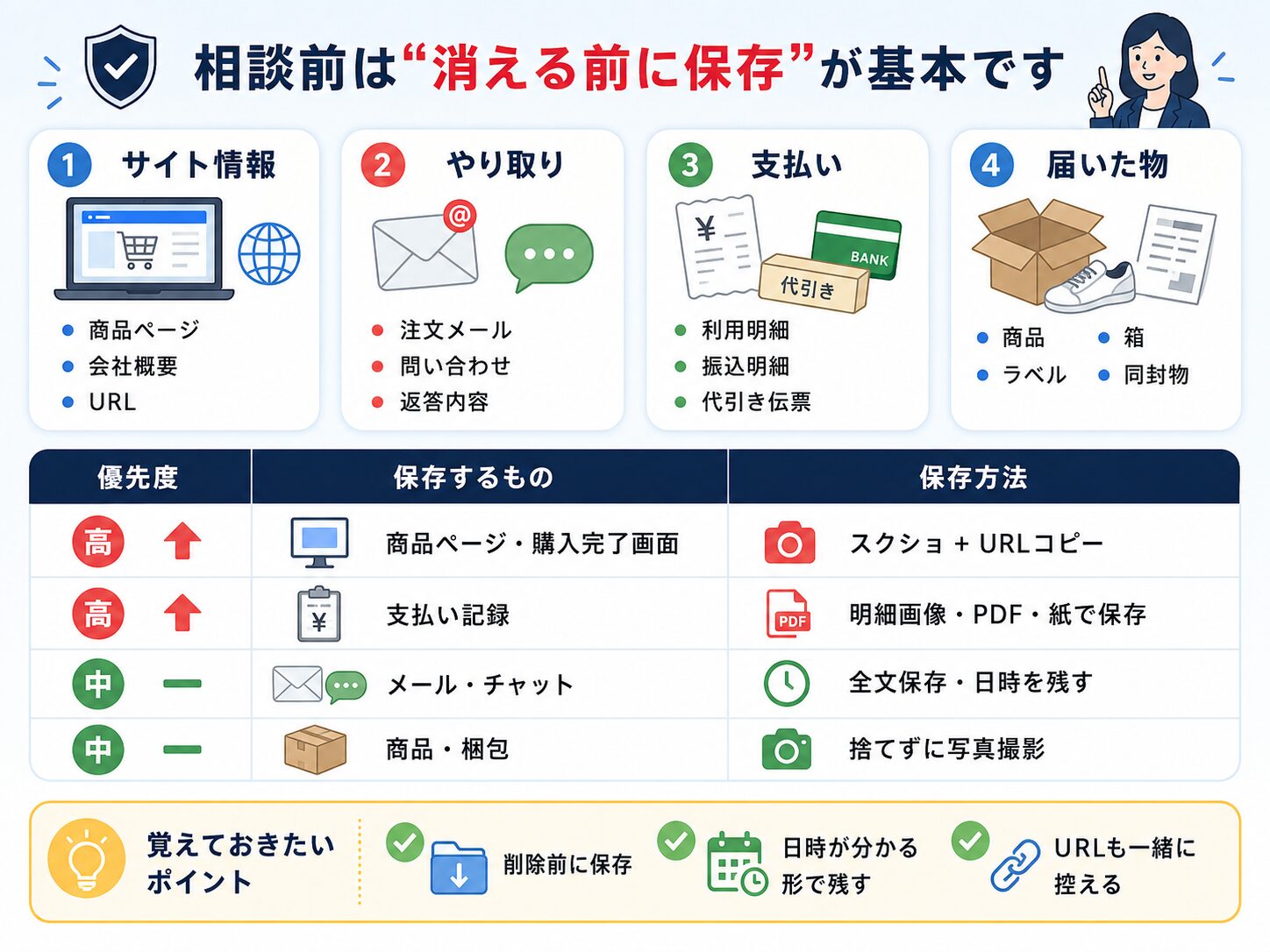偽ショッピングサイト被害の相談前に保存すべき証拠リスト。