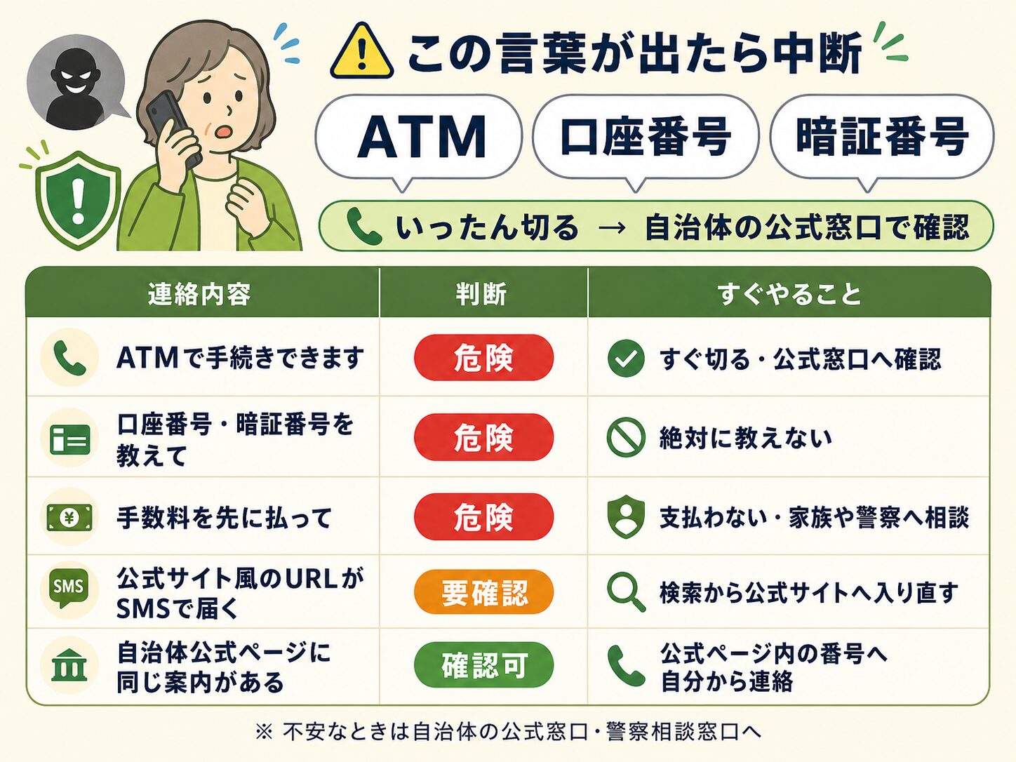 ATM、口座番号、暗証番号、手数料請求など自治体支援を装う詐欺の危険サインと対処法