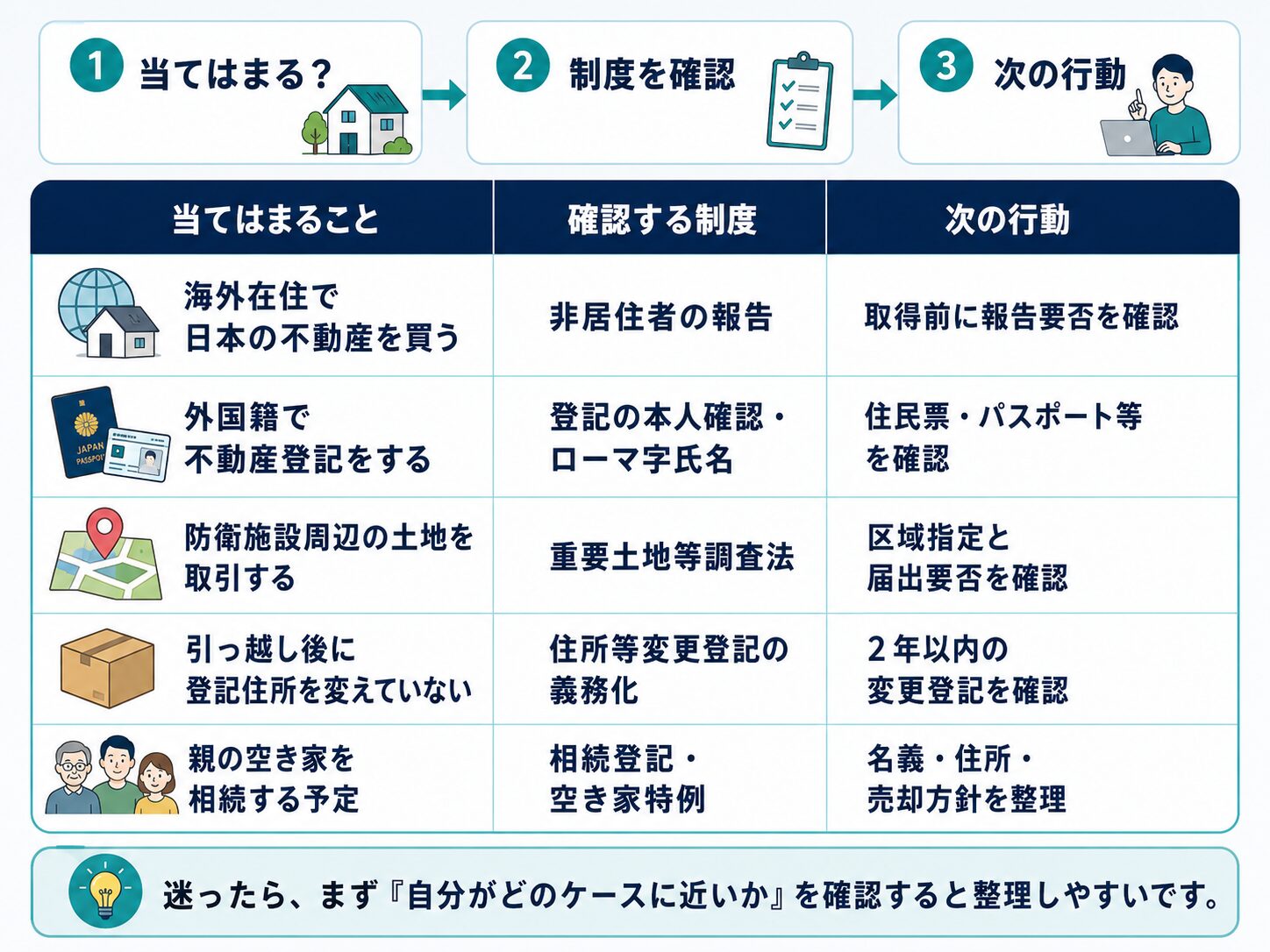 海外在住で日本の不動産を買う人、外国籍で登記する人、防衛施設周辺の土地を取引する人、住所変更登記をしていない人、親の空き家を相続する人向けのチェックリスト