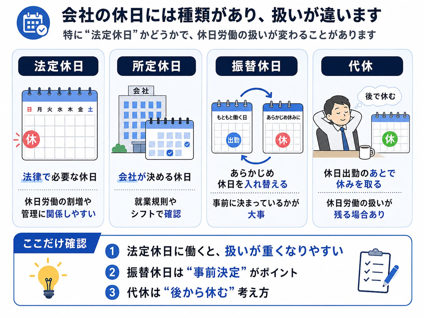 法定休日、所定休日、振替休日、代休の違いを会社員向けに分かりやすく整理した図解