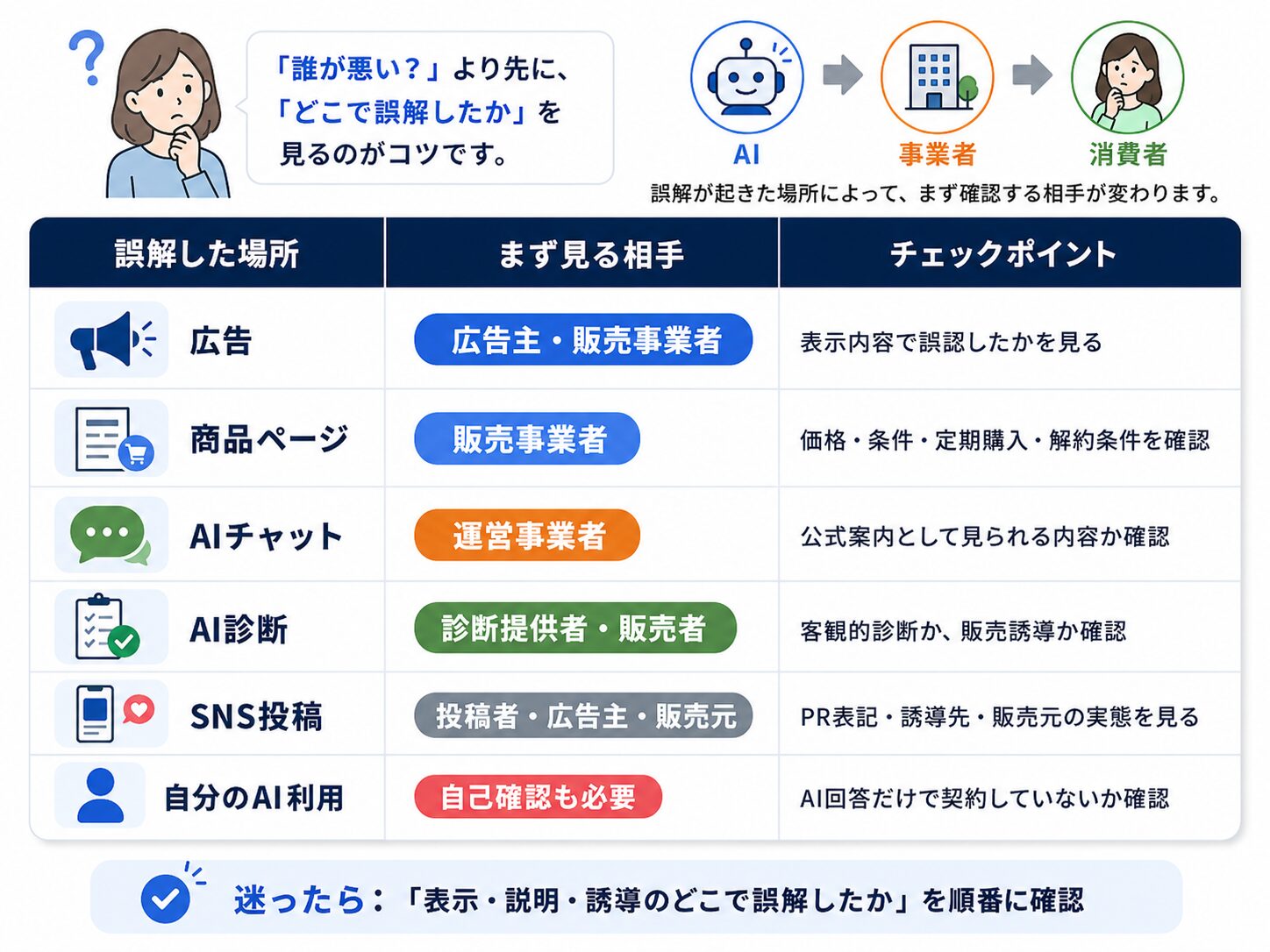 広告、商品ページ、AIチャット、AI診断、SNS投稿、自分のAI利用ごとの確認先を整理した早見表