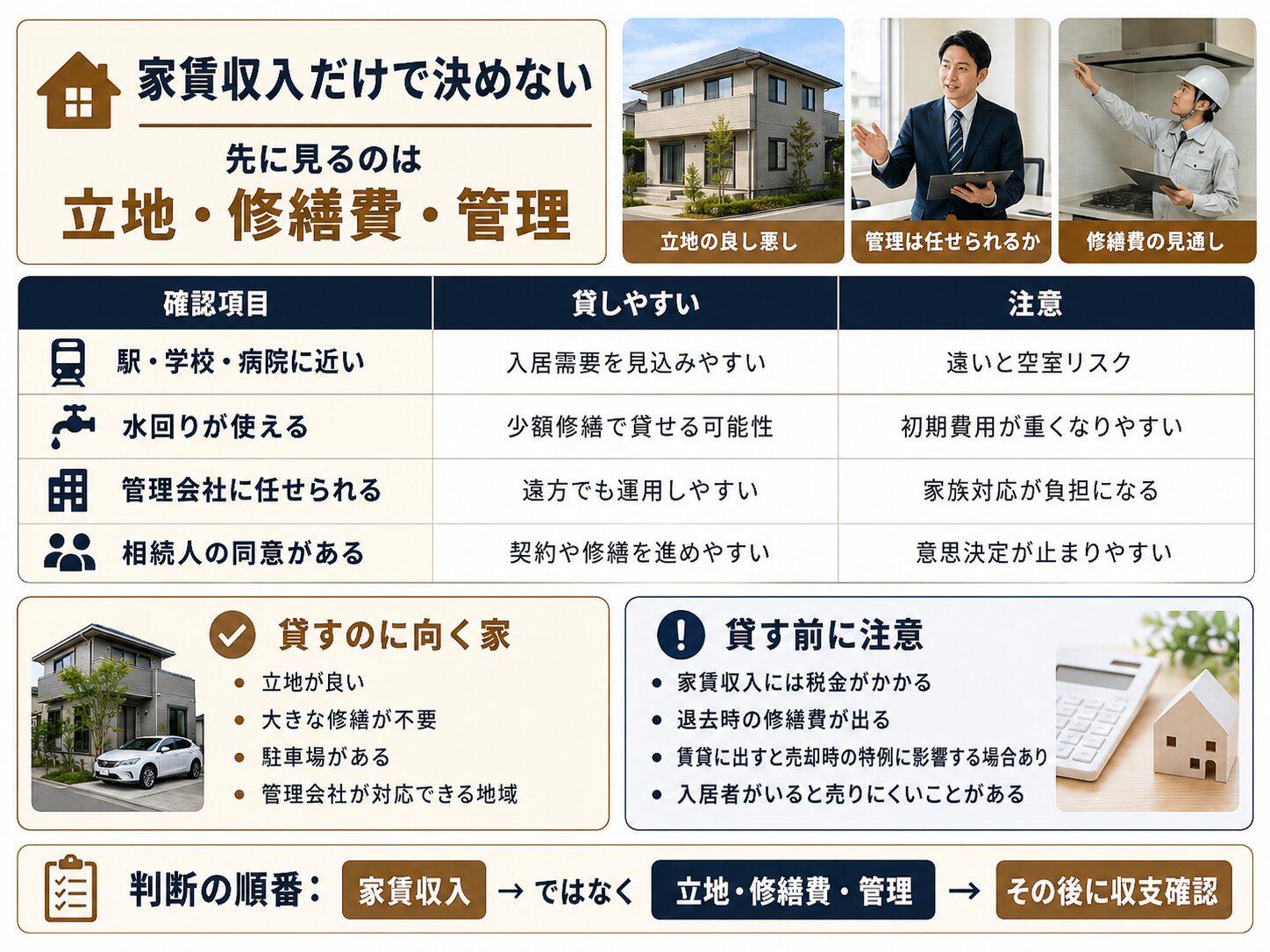実家を貸す前に立地、修繕費、管理会社、相続人の同意を確認する図解