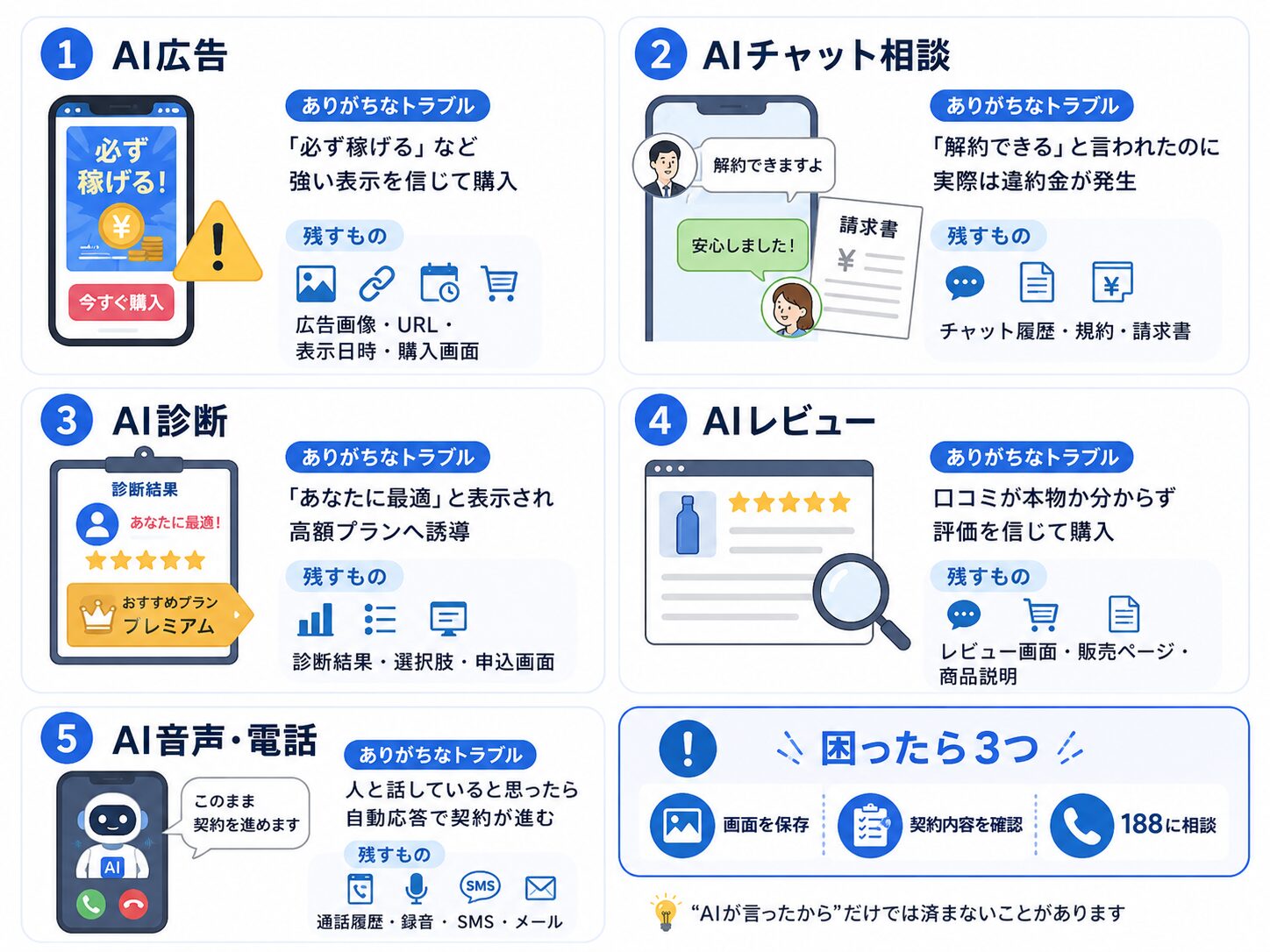 AI広告、AIチャット相談、AI診断、AIレビュー、AI音声電話で起きやすいトラブルを整理した図解
