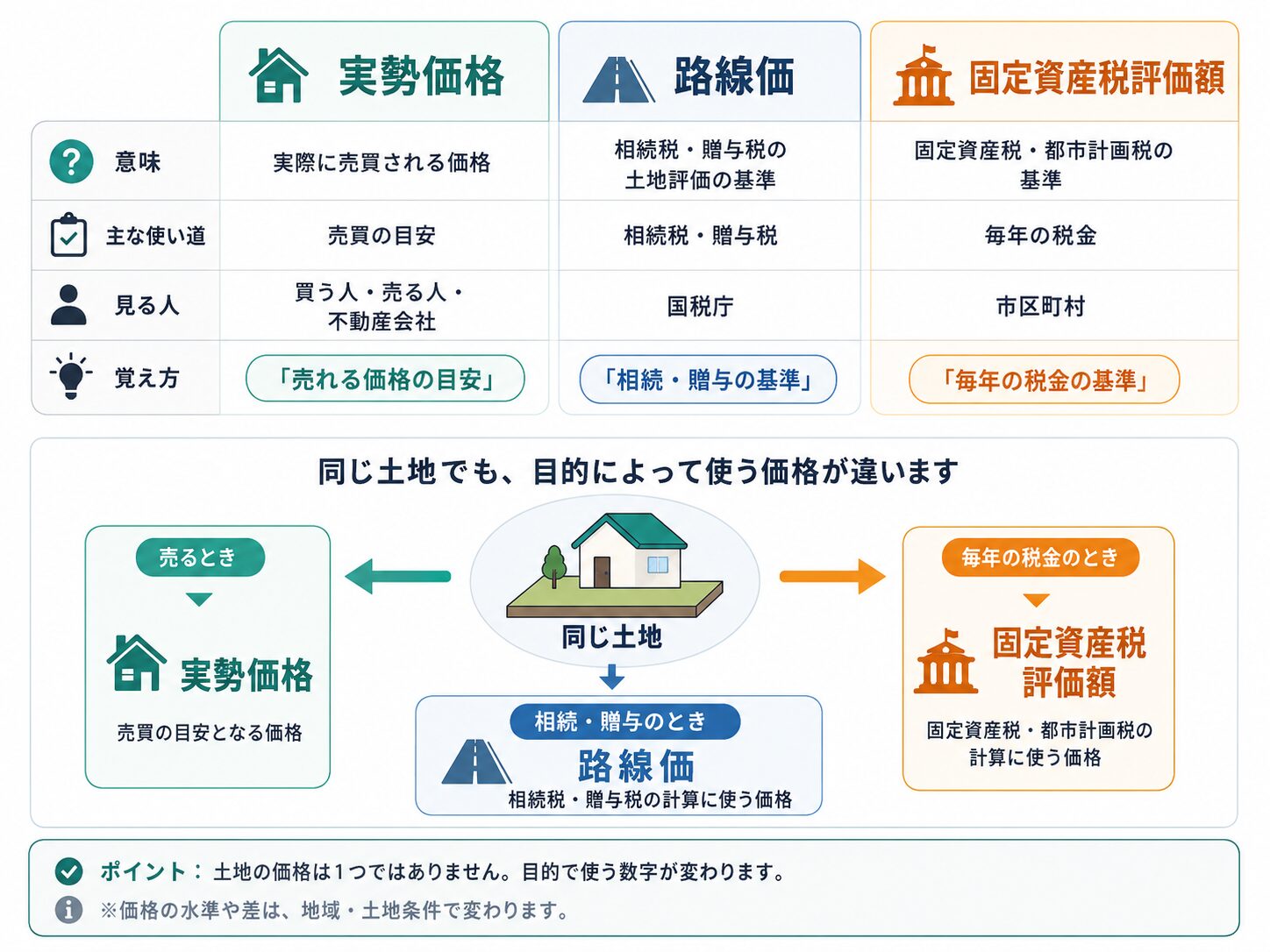 同じ土地でも、売るときは実勢価格、相続税や贈与税では路線価、毎年の税金では固定資産税評価額を使うことを示した図解