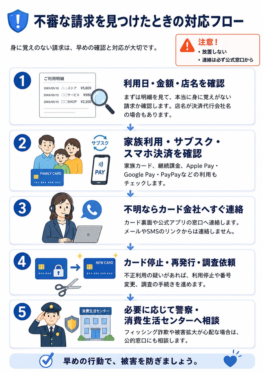 身に覚えのないクレジットカード請求を見つけたときの5つの対応手順を示した図解