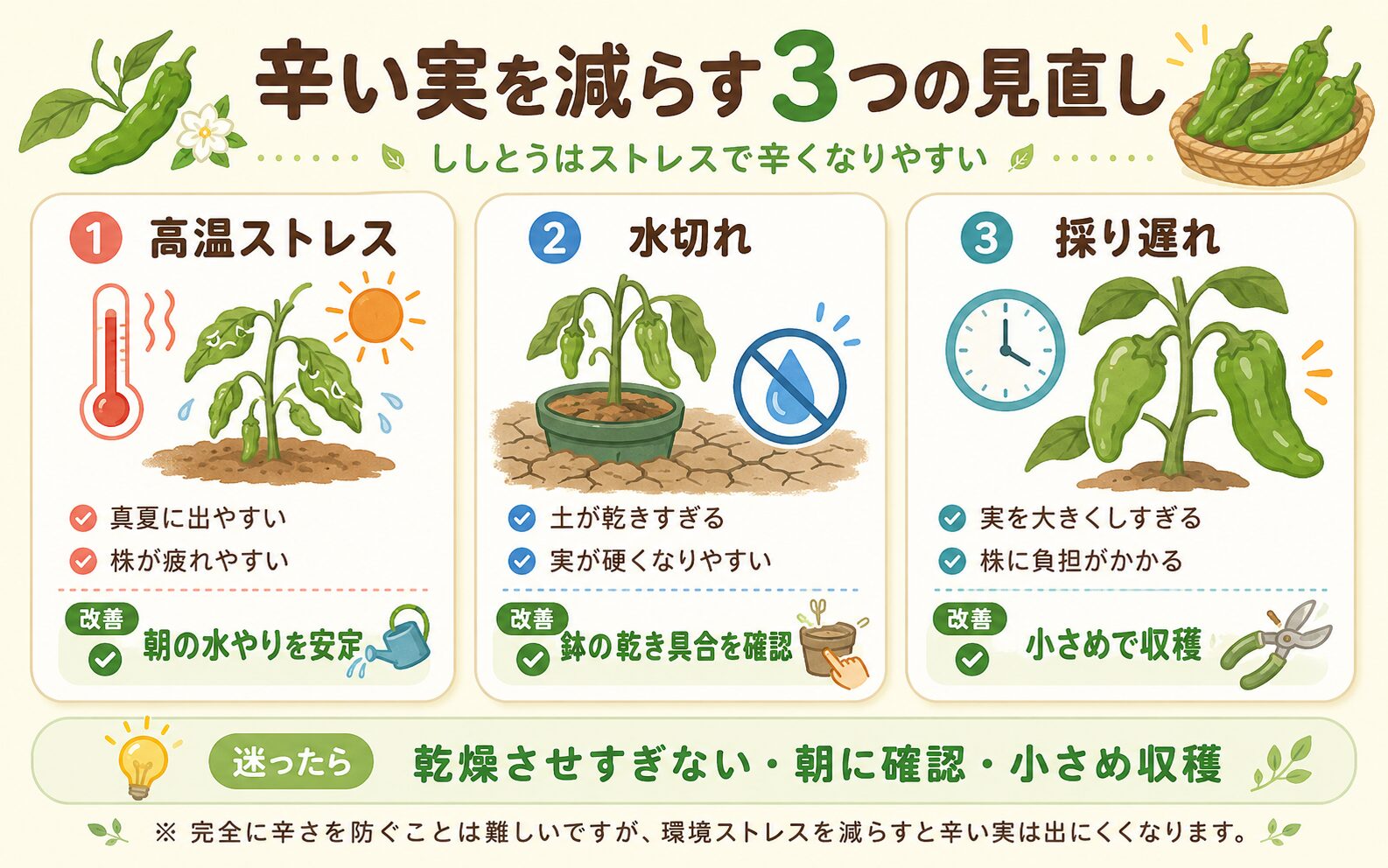 ししとうが辛くなる原因と対策を3つにまとめた図解