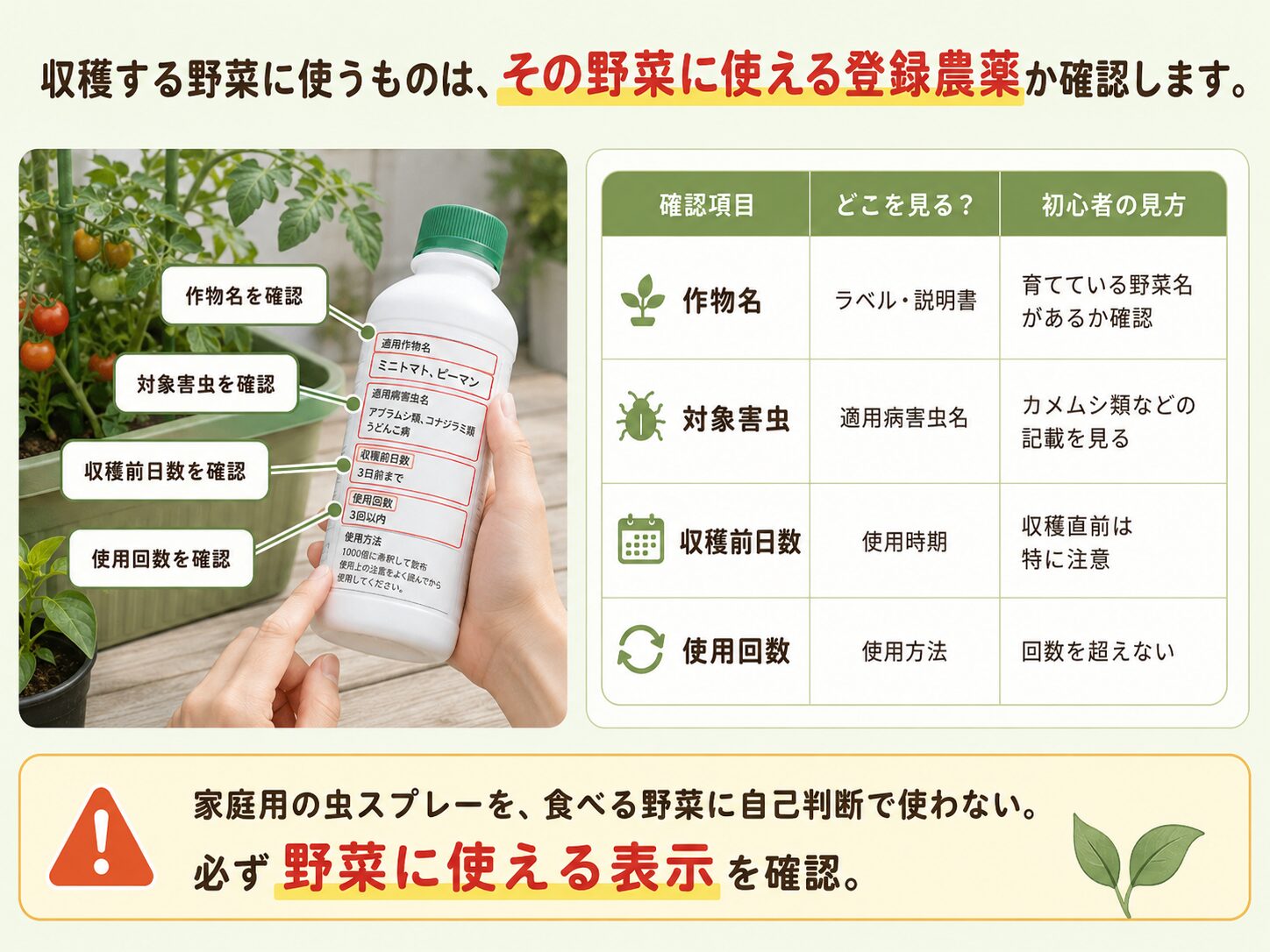 農薬やスプレーを使う時の確認項目。作物名、対象害虫、収穫前日数、使用回数を確認する
