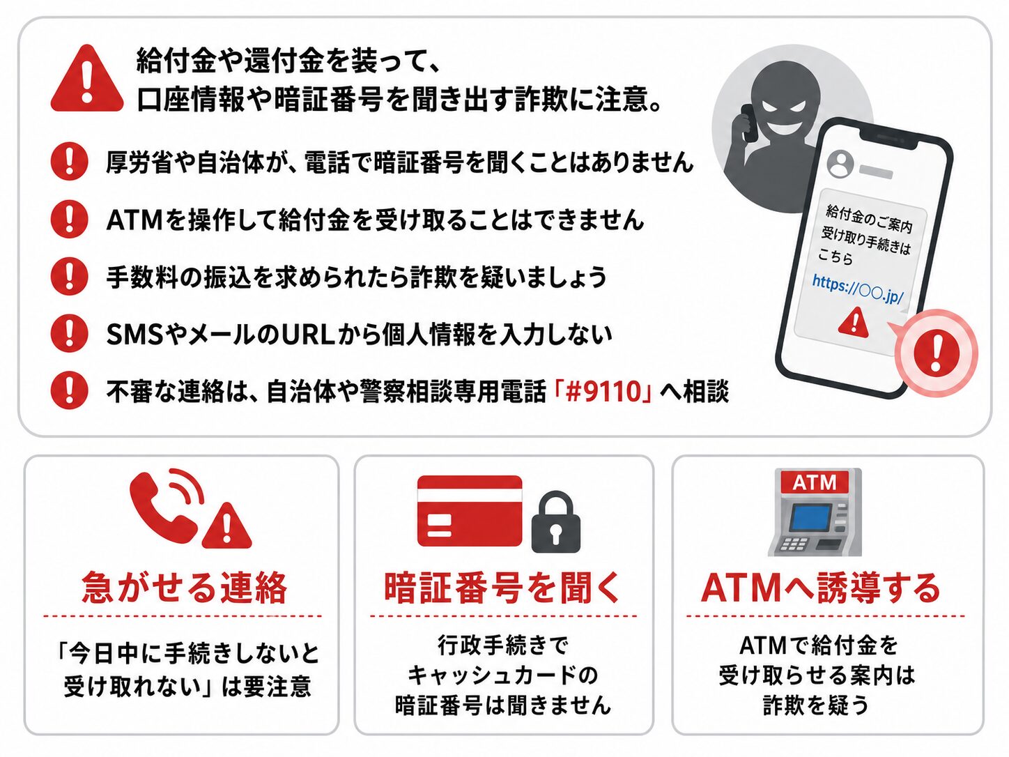 追加給付をかたる詐欺への注意点。暗証番号を聞く、ATMへ誘導する、手数料を求める、SMSやメールのURLから個人情報を入力させる手口に注意する説明画像