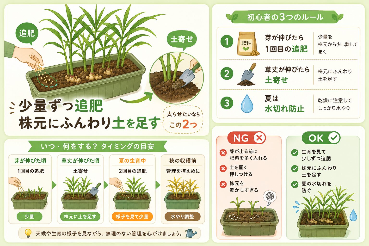 しょうがの追肥と土寄せのタイミングを説明した画像