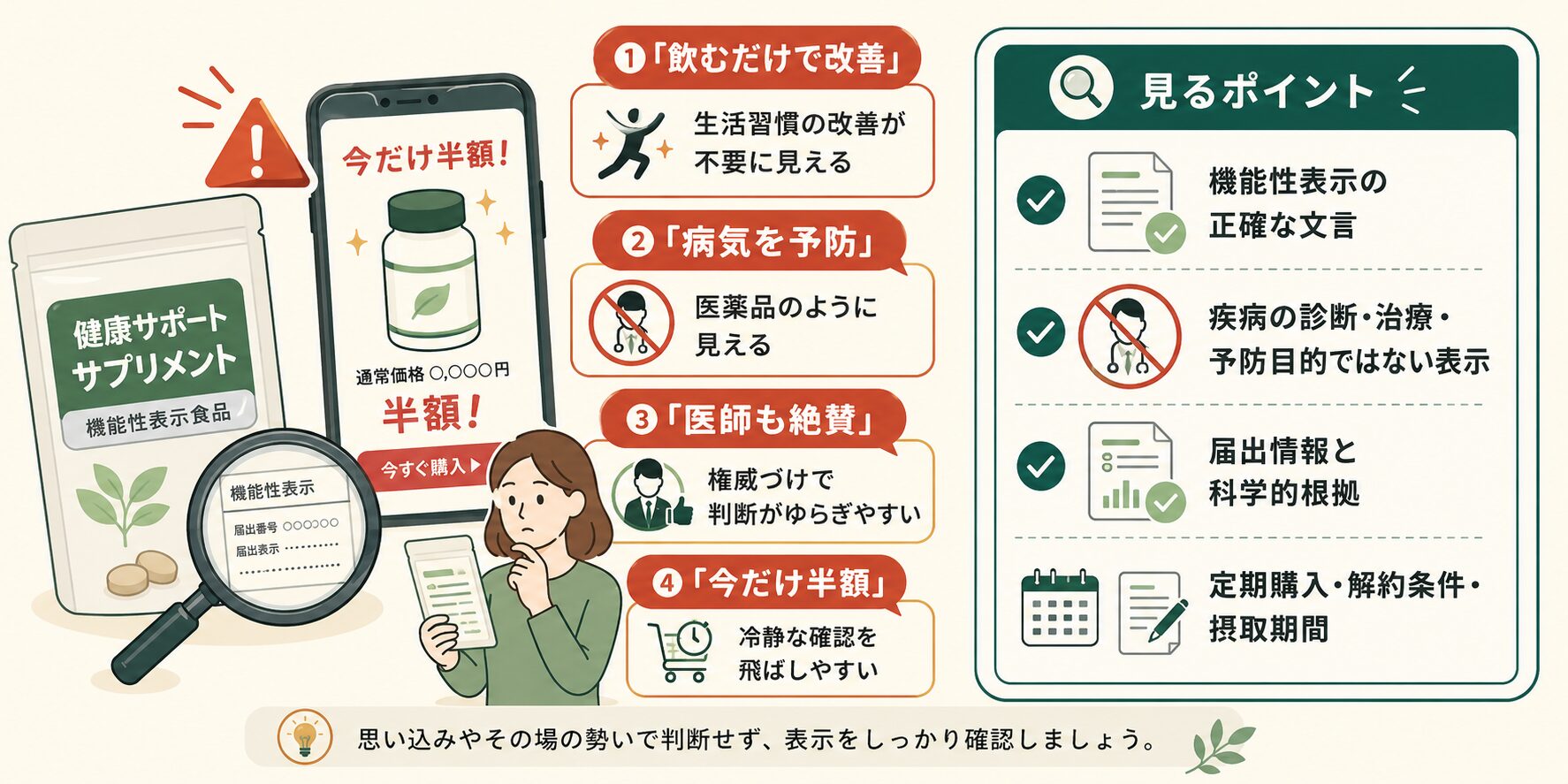 飲むだけで改善、病気を予防、医師も絶賛、今だけ半額など注意したい広告表現を説明した図解