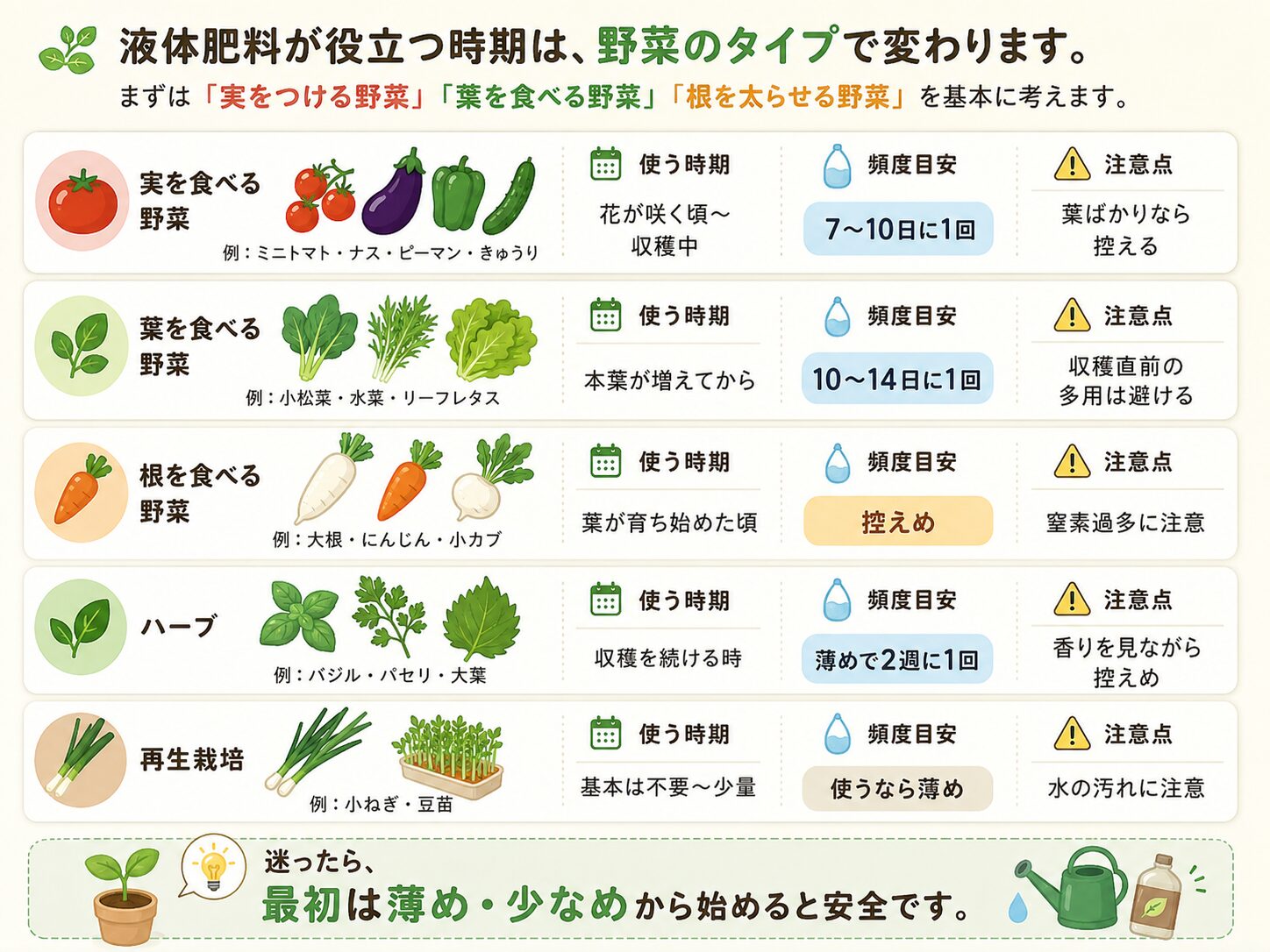 野菜タイプ別に液体肥料を使うタイミングをまとめた図解。実を食べる野菜、葉を食べる野菜、根を食べる野菜、ハーブ、再生栽培に分けて示している。