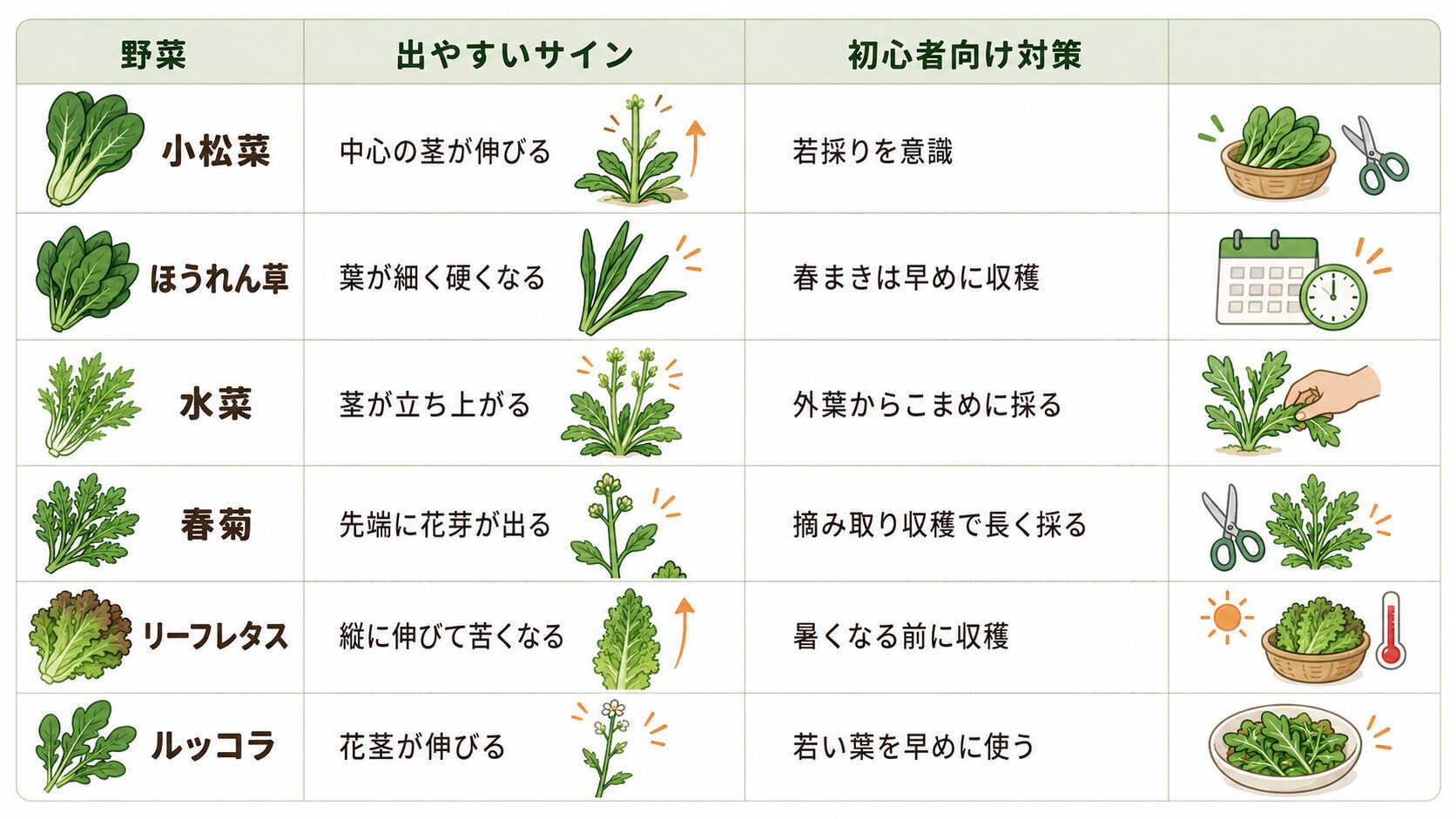 小松菜、ほうれん草、水菜、春菊、リーフレタス、ルッコラのとう立ちサインと初心者向け対策を一覧で示した図解。