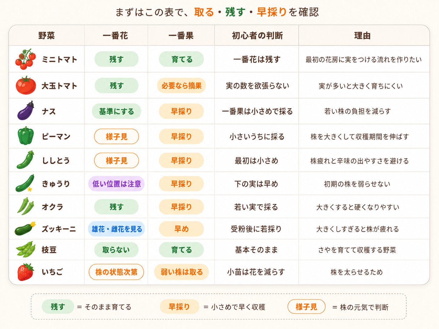 ミニトマト・ナス・ピーマンなど野菜別の一番花と一番果の判断早見表