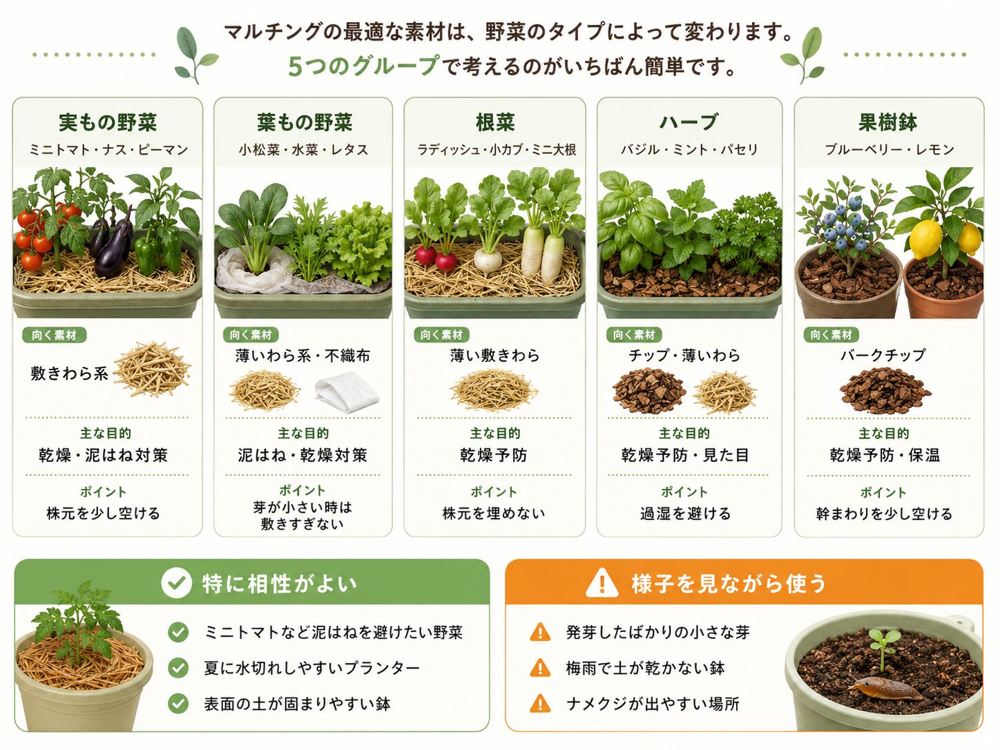 野菜タイプ別のマルチング素材の選び方