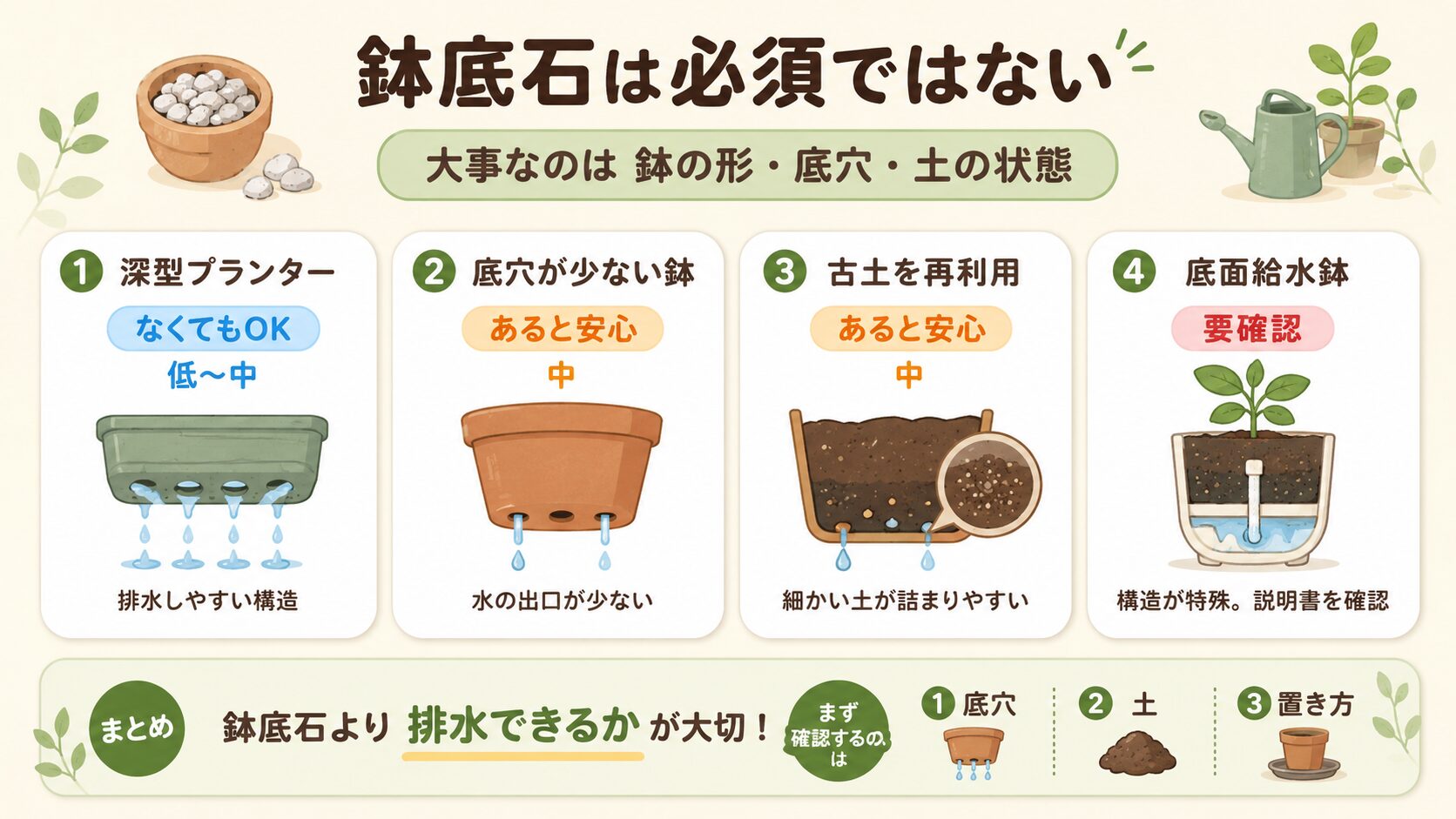 鉢底石が必要なケースと不要なケースを示す図解。深型プランター、底穴が少ない鉢、古土、底面給水鉢を比較