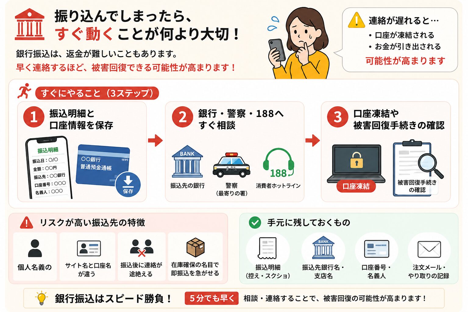 銀行振込で偽サイト被害にあった時の対処法を示した図解。