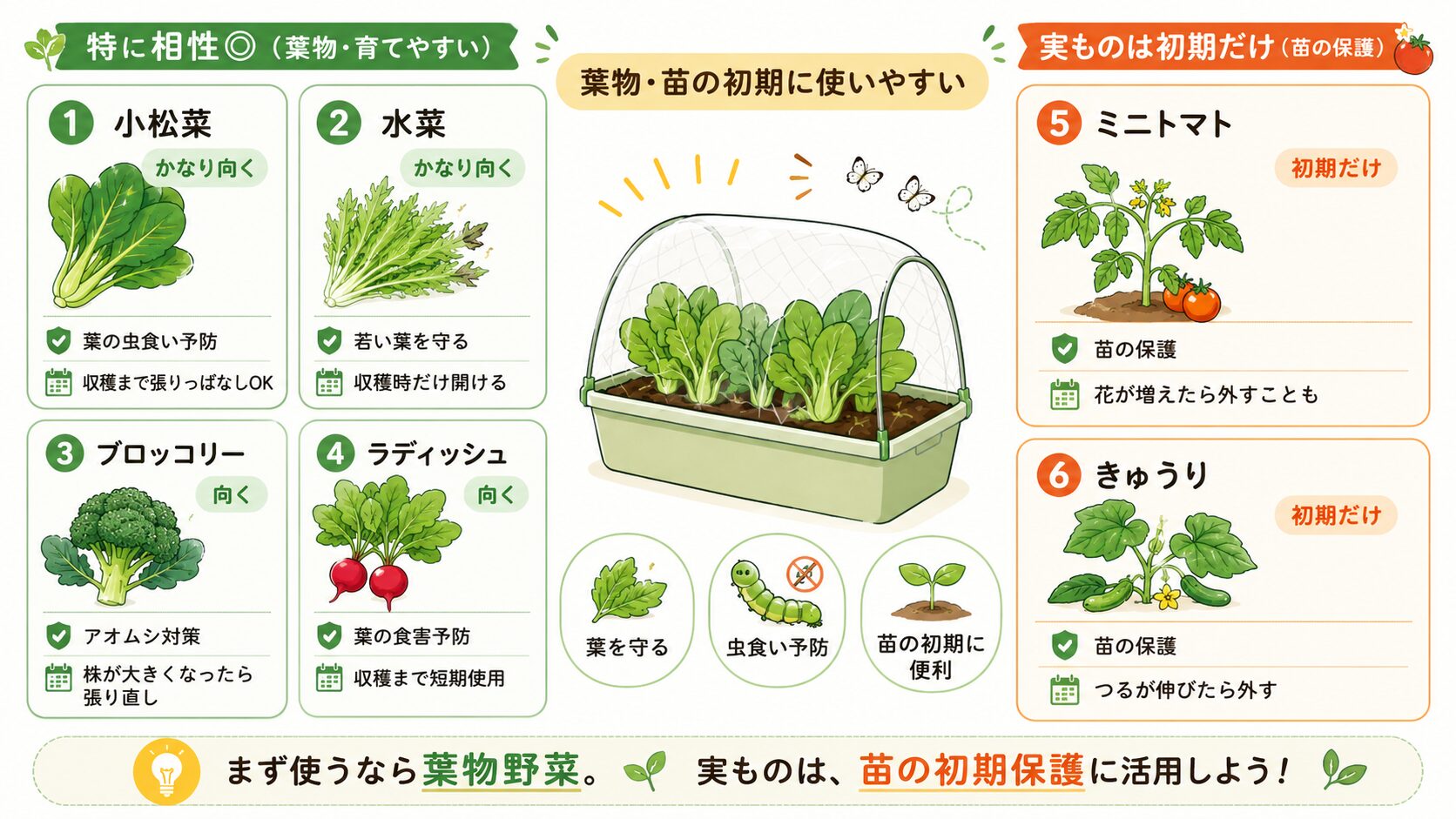 防虫ネットが向く野菜と使うタイミングを示した図解
