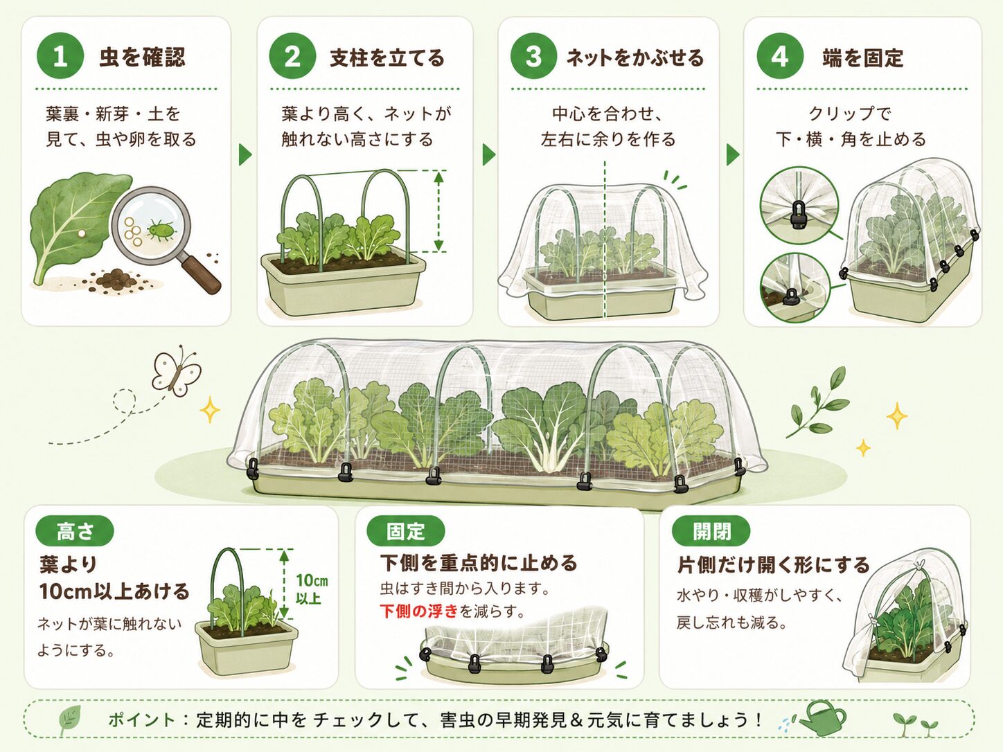 防虫ネットの張り方を4ステップで示した図解
