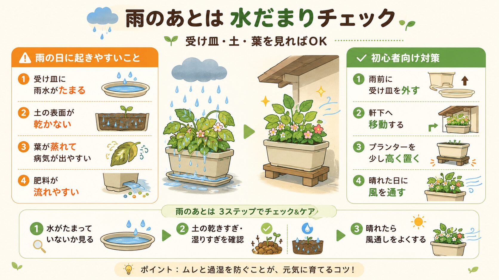 雨のあとにプランターへ水がたまる場合の対策を示す図解。受け皿、土、葉のチェックと雨ざらし対策
